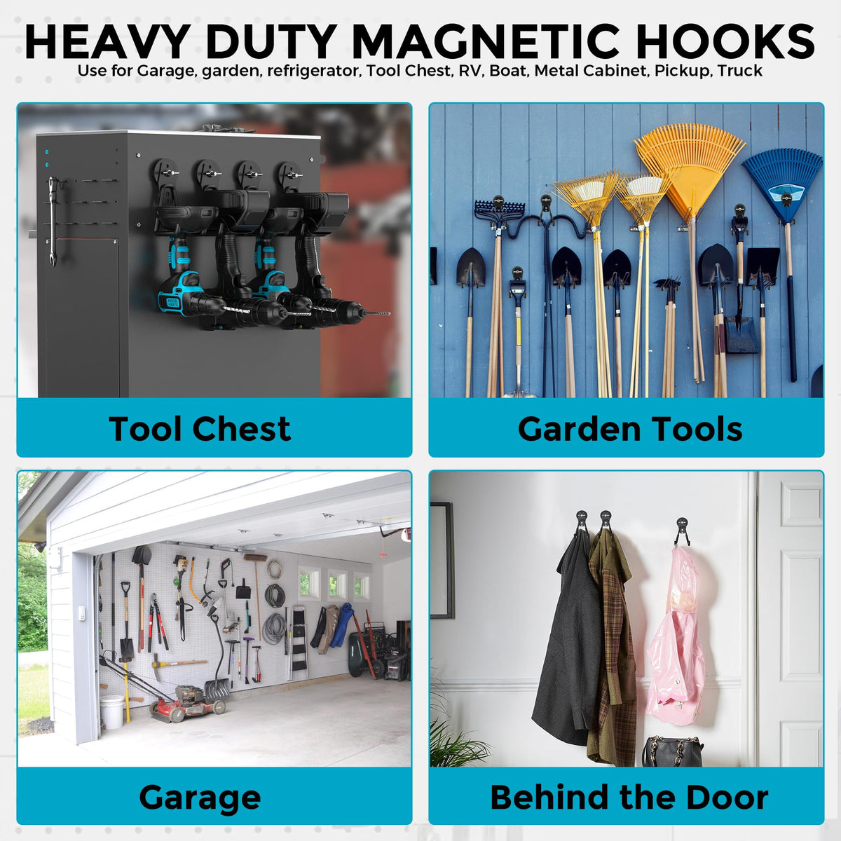 6Pcs Large Strong Magnetic Hooks Heavy Duty Garage Big Magnet Hooks Extra Strength Magnetic Utility Storage Hook Hanger with Anti Slip Coating for Garden Indoor Outdoor Hanging Tools Black (6 Count)