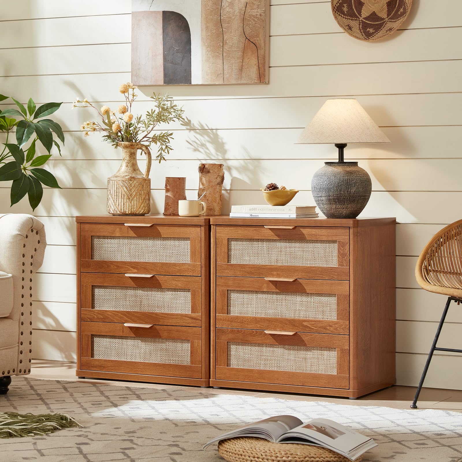 Rattan 23" Nightstands Set of 2 with Drawers for Bedroom (2 Count)