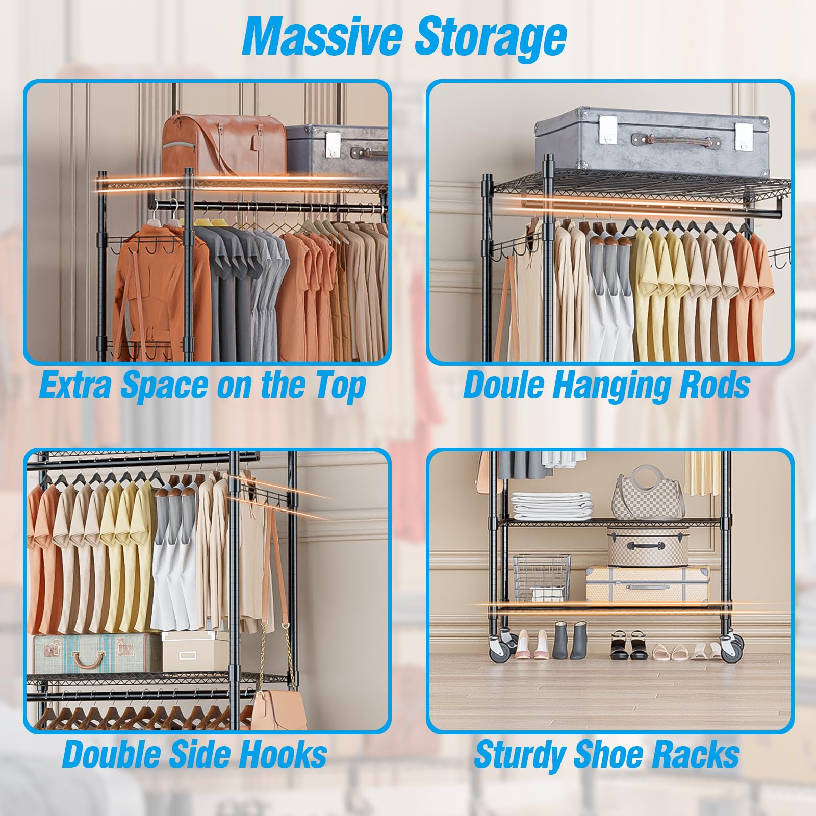 Heavy Duty Clothing Rack with 3 Tier Adjustable Wire Shelves
