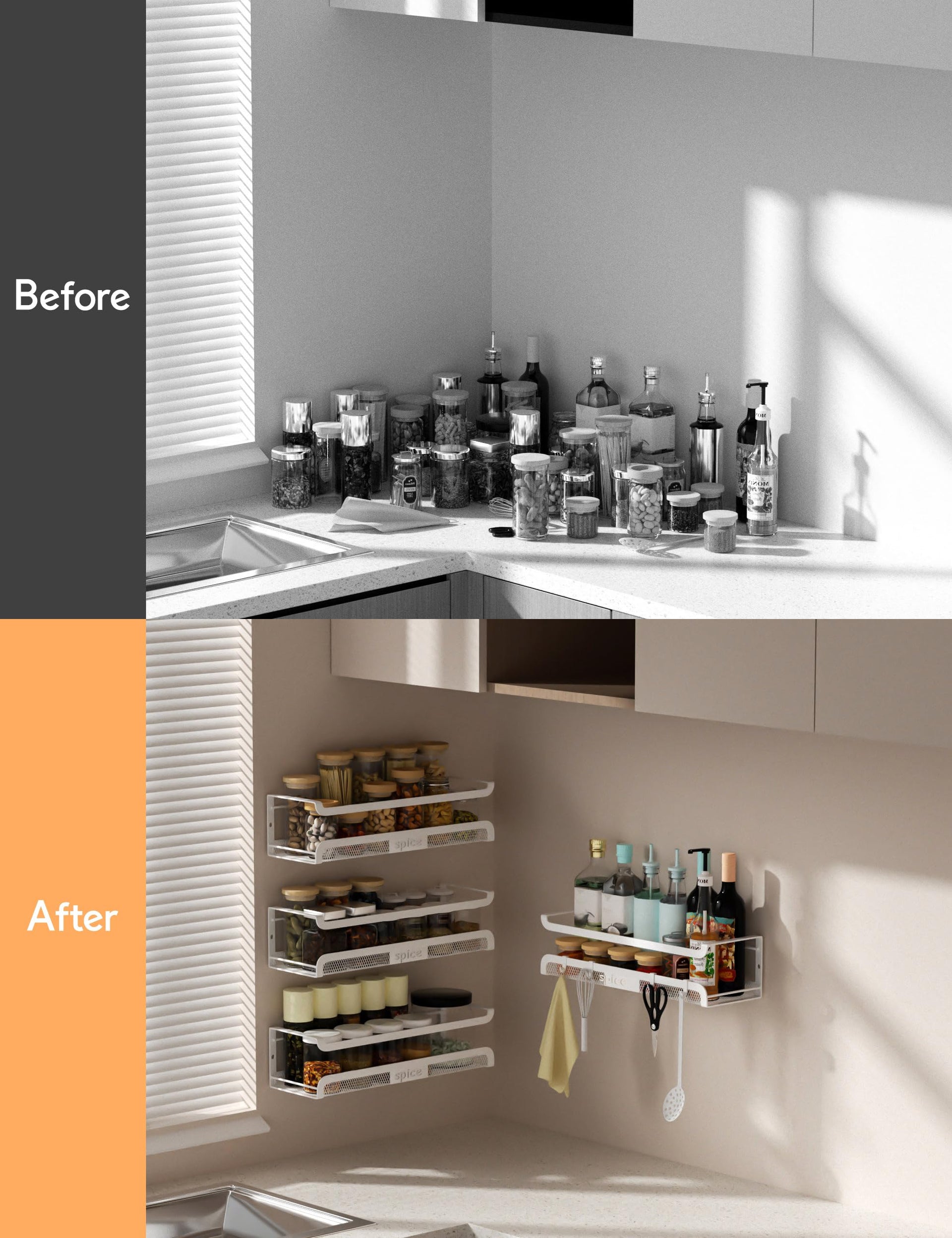Spice Rack Wall Mount with Hooks (4 Count)