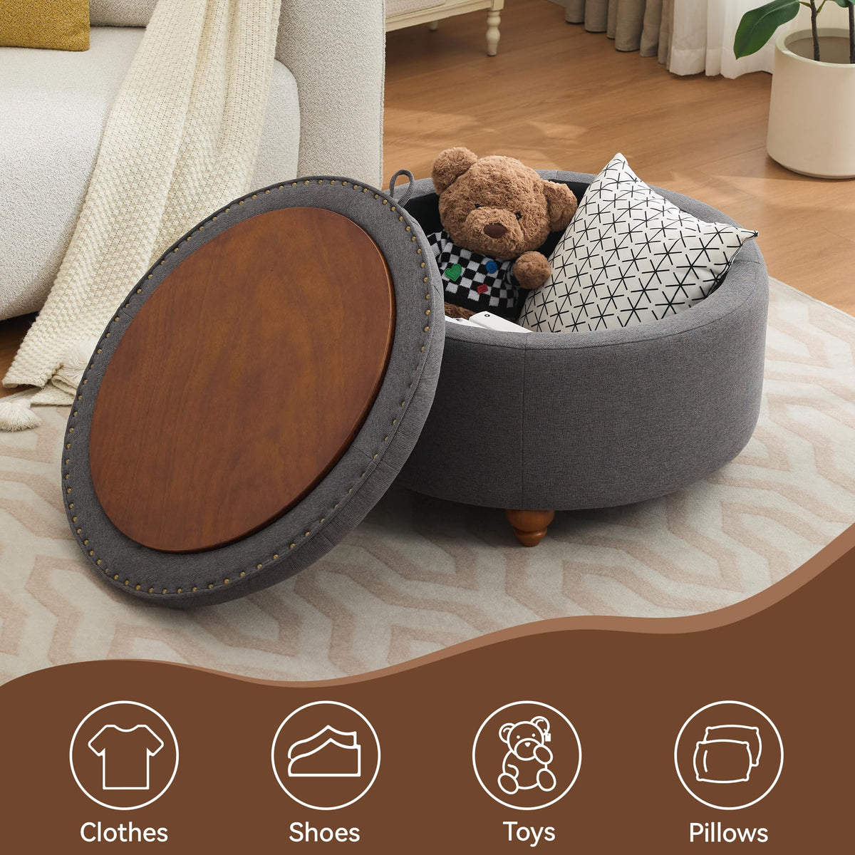 30Inch Round Storage Ottoman with Tray