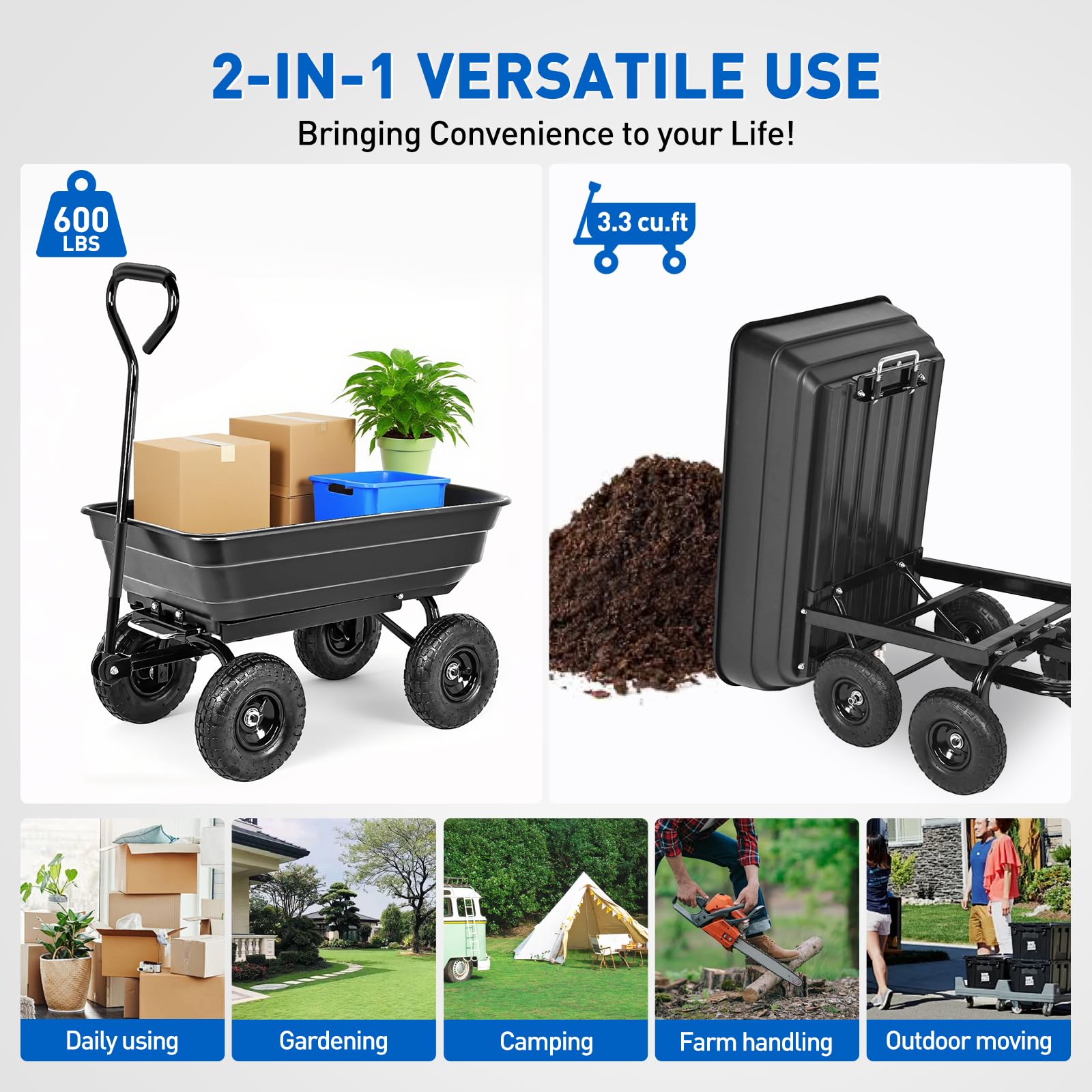 Garden Carts 600lbs Dump Wagon with All Terrain Inflatable Wheels for Yard Lawn Farms Gardening