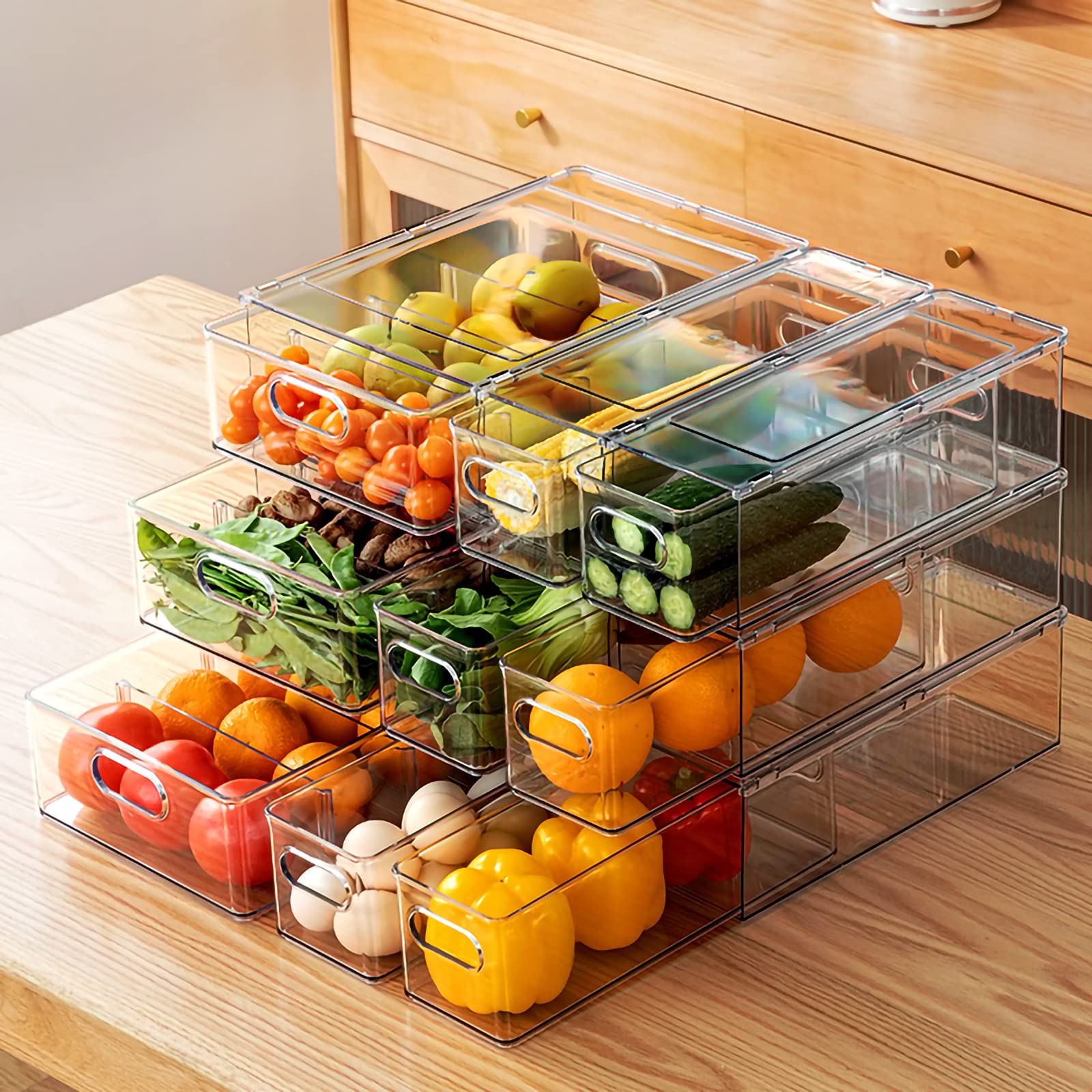 9 Pack Stackable Refrigerator Organizer Bins Pull