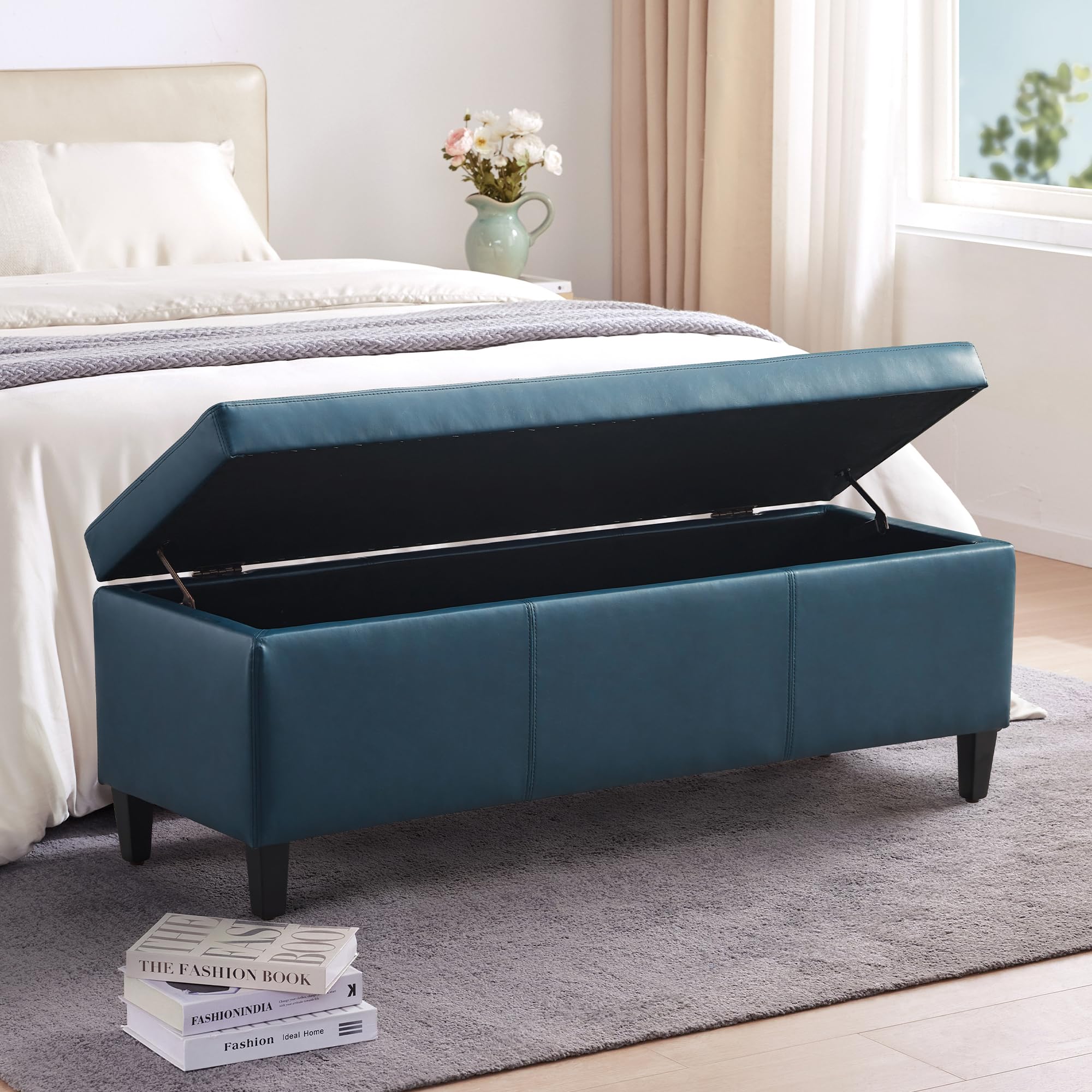 Faux Leather Storage Ottoman Bench 50.3 Inch Extra Long PU Upholstered Bedroom Bench with Large Storage Space for The Living Room