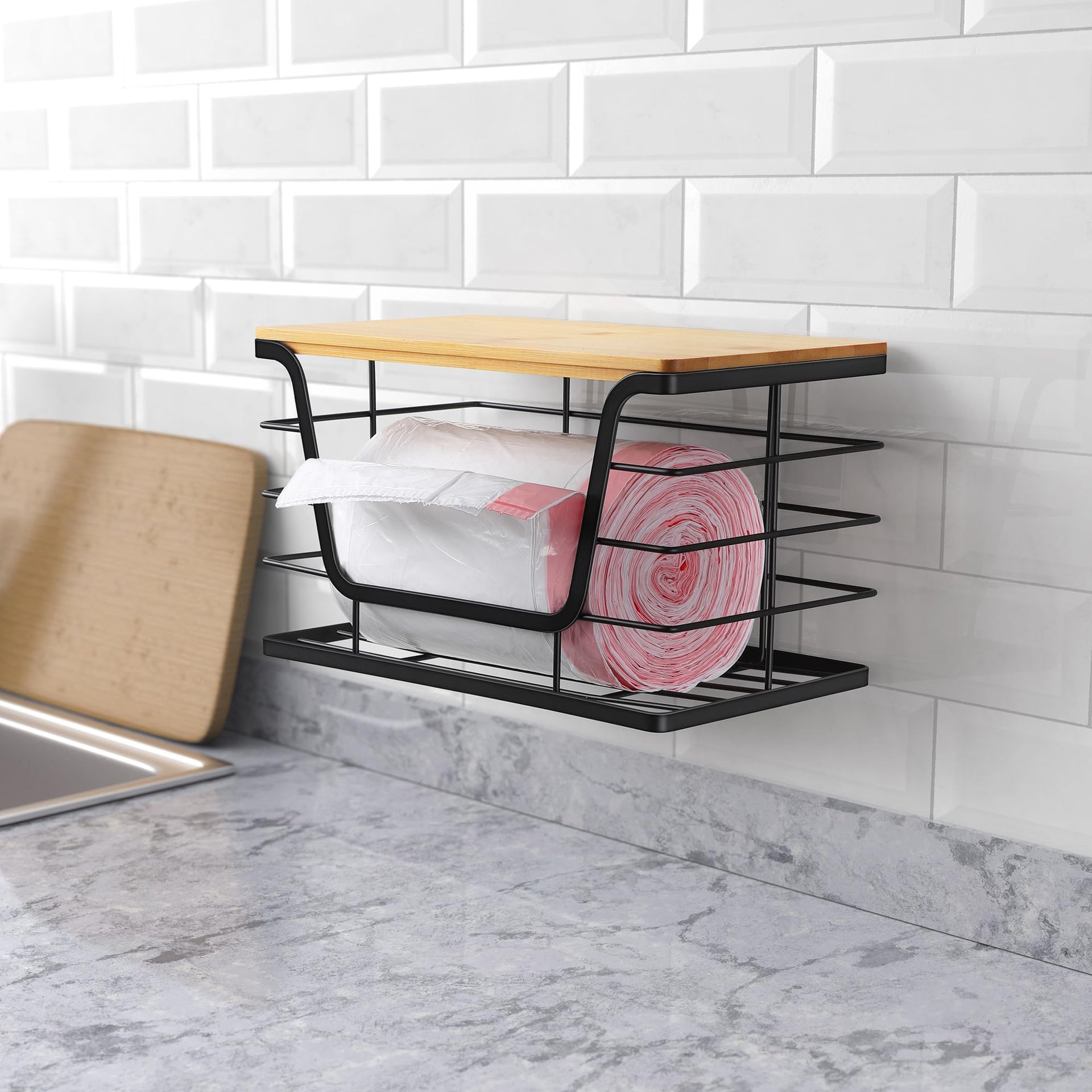 Extra Large Trash Bag Holder Dispenser With Bamboo Top