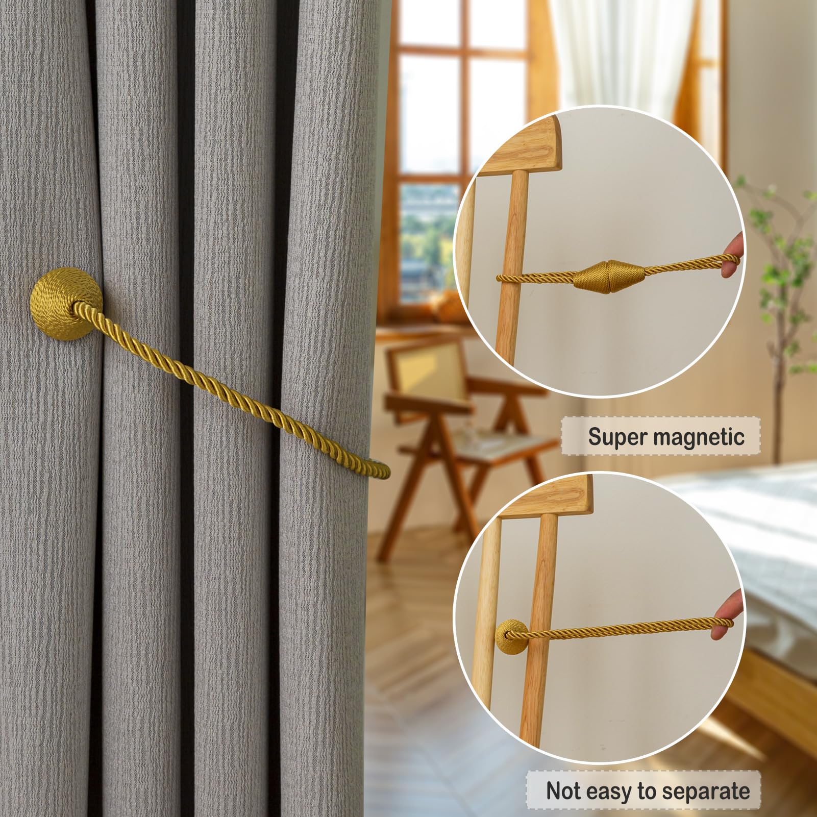 Magnetic Curtain Tiebacks 6 Pack Outdoor Rope Curtain Tie Backs Decorative Window Treatment Holdbacks for Home Decorative Curtain (6 Count)