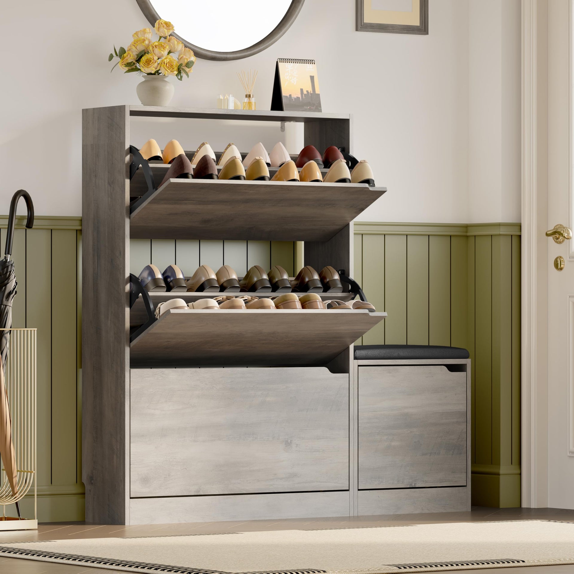 Shoe Cabinet with Bench and 3 Flip Drawers