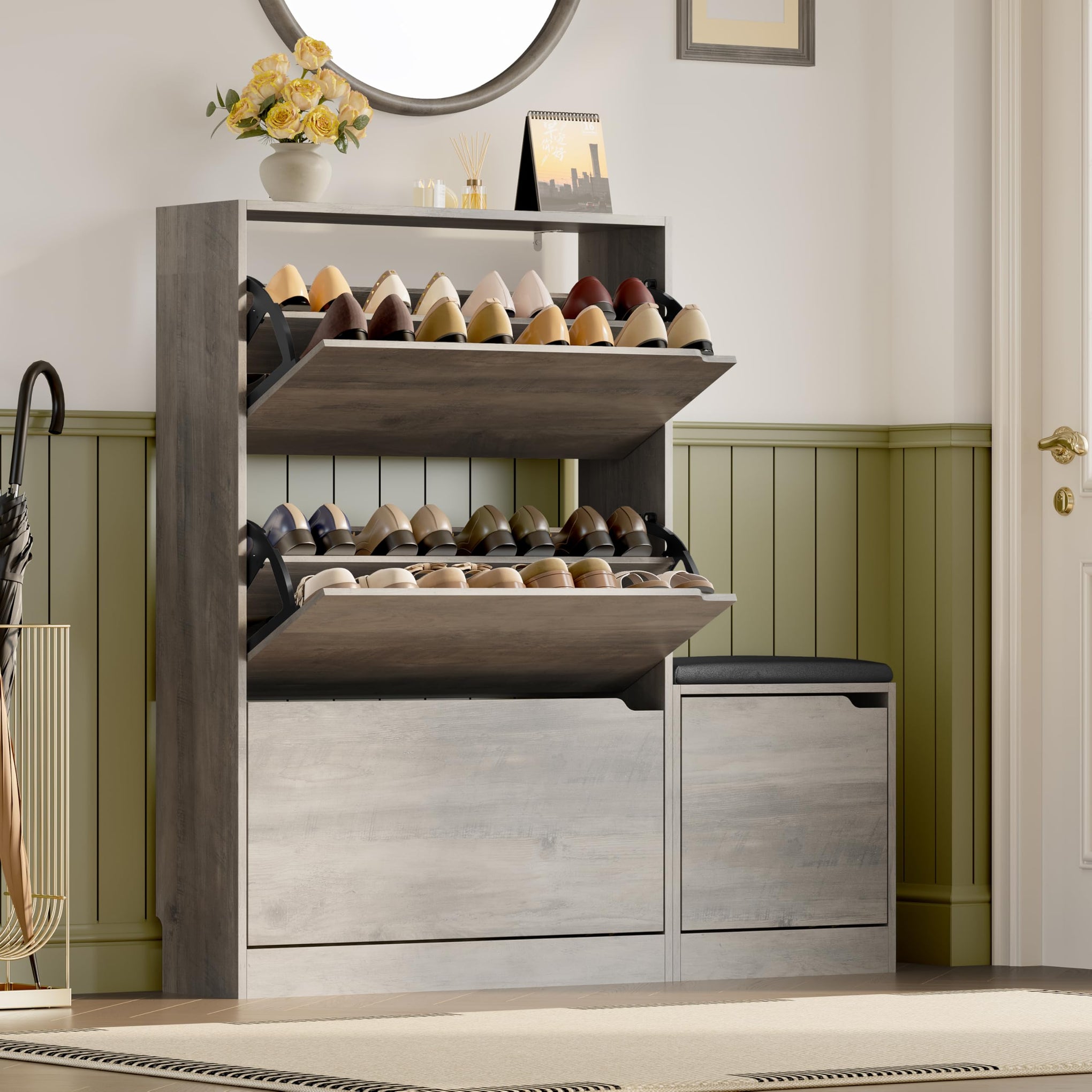 Shoe Cabinet with Bench and 3 Flip Drawers