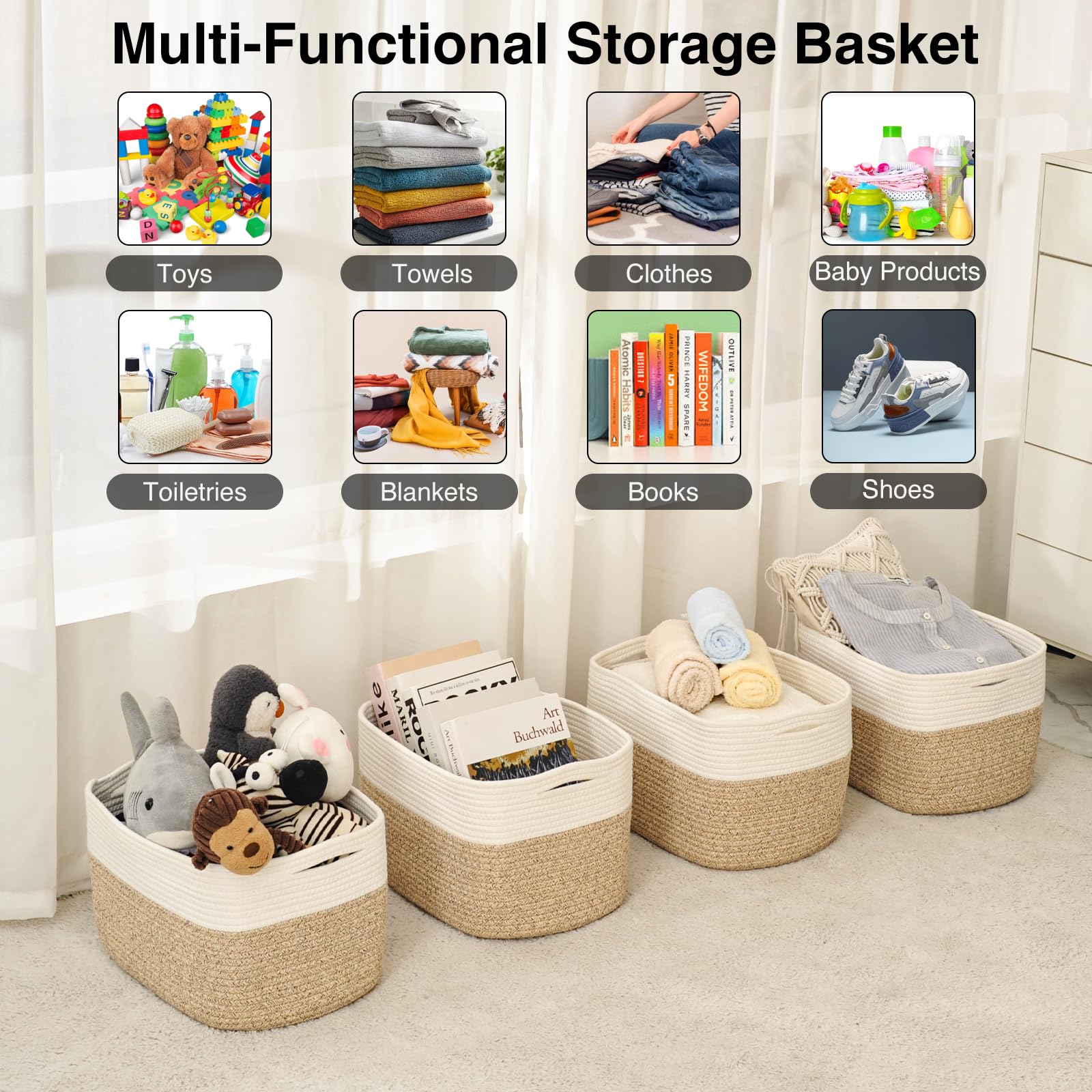 Storage Baskets for Organizing & Shelves (4 Count)