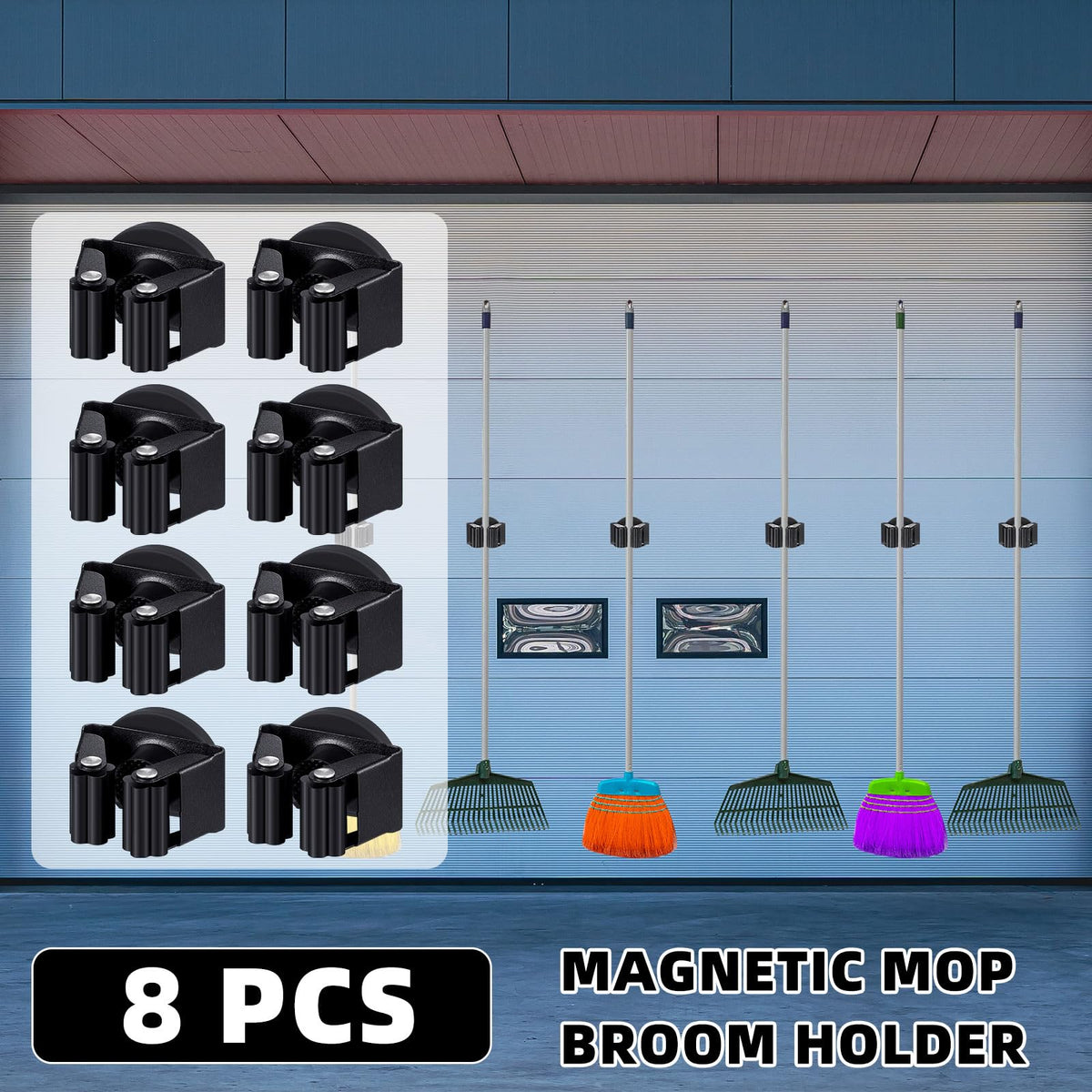 8 Pcs Magnetic Broom Holder Wall Mounted Anti Slip Rack (8 Count)