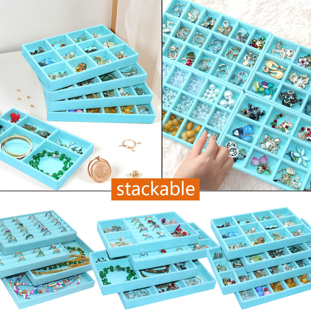 12 Pcs Jewelry Organizer Tray Stackable Velvet Jewelry Tray Earrings Display Case Necklace Earring Box Storage Drawer Bracelet Rings Accessories Trays (12 Count)