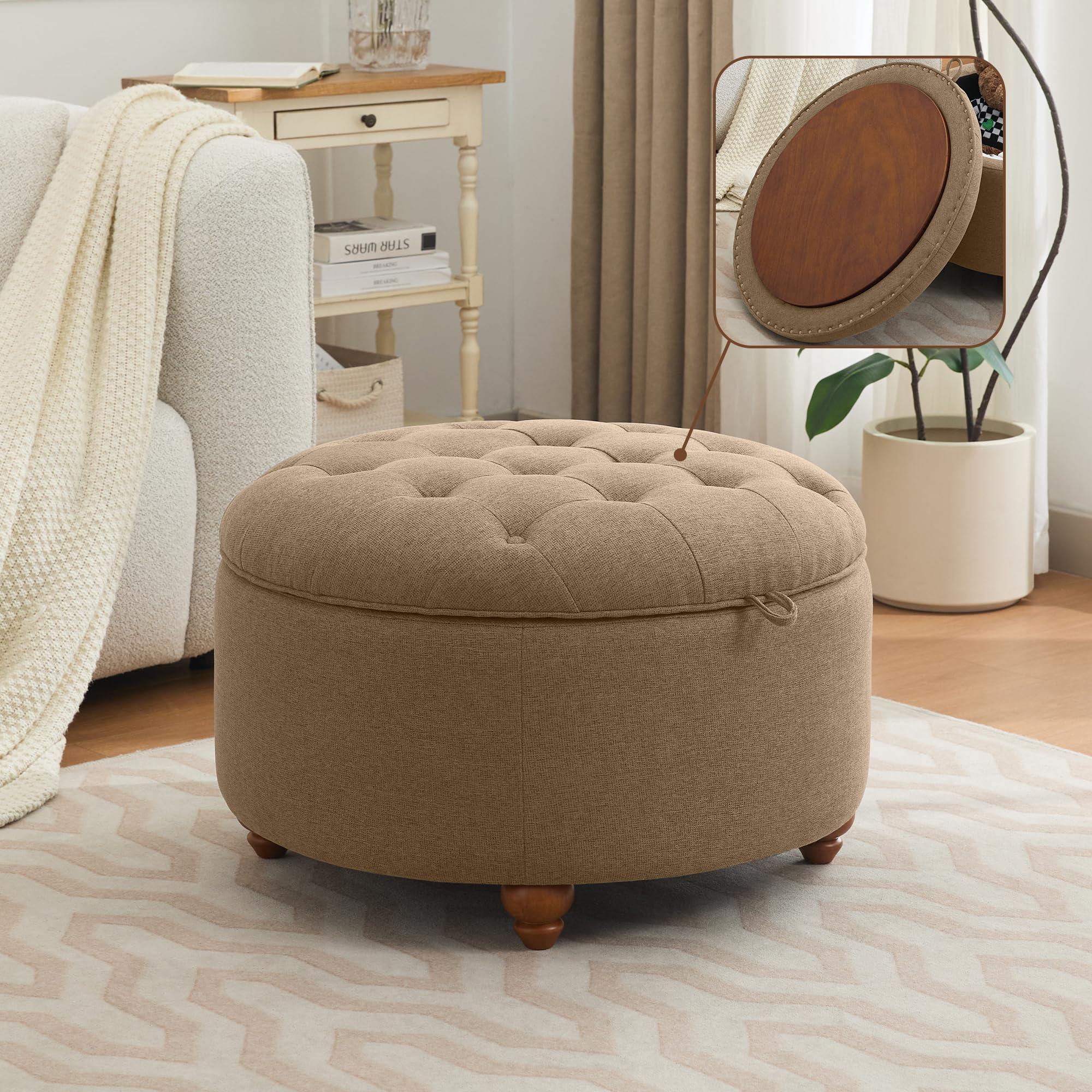 30Inch Round Storage Ottoman with Tray