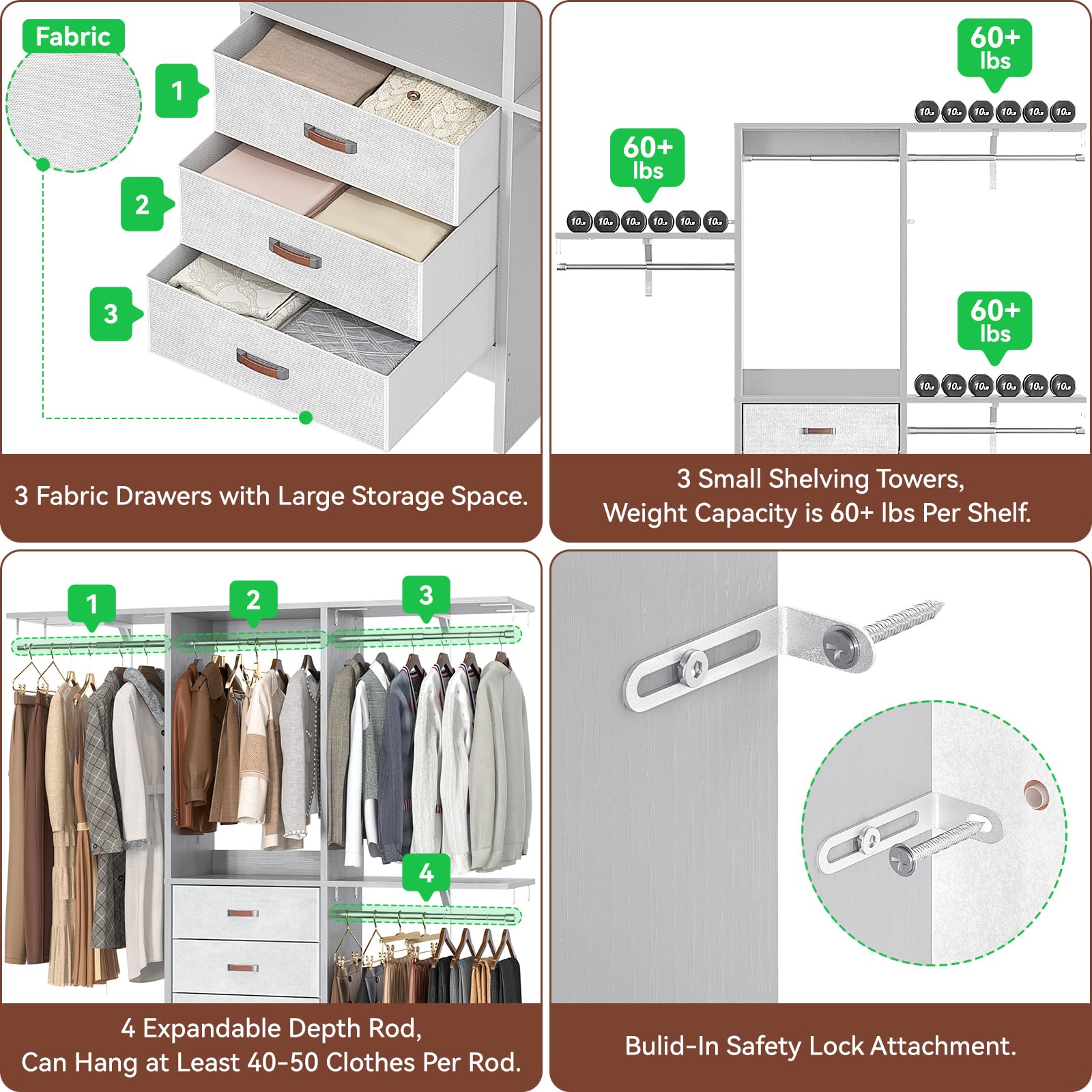 5FT Small Closet System with 3 Fabric Drawers
