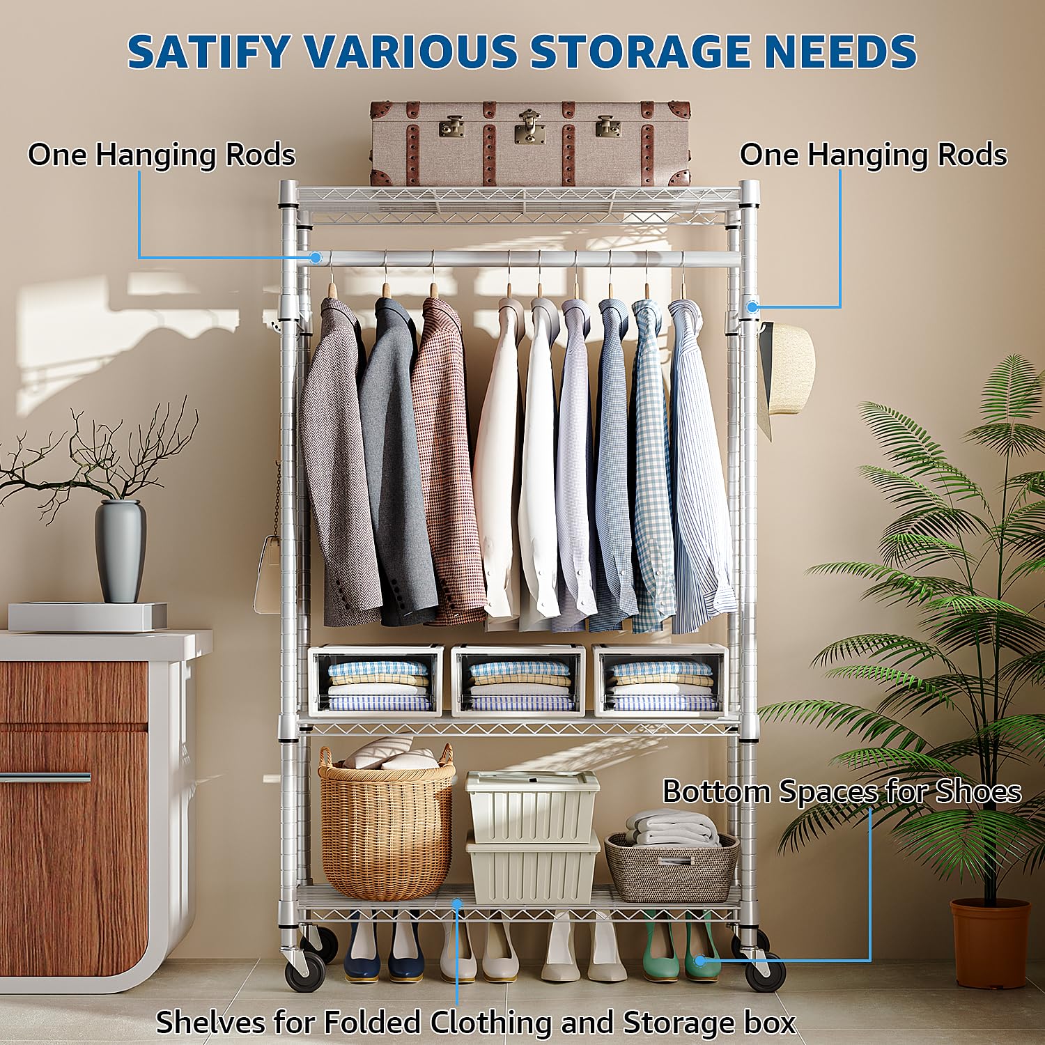Heavy Duty Rolling Garment Rack 3 Tiers Adjustable Wire Shelving Clothes Rack with Rods and Side Hooks