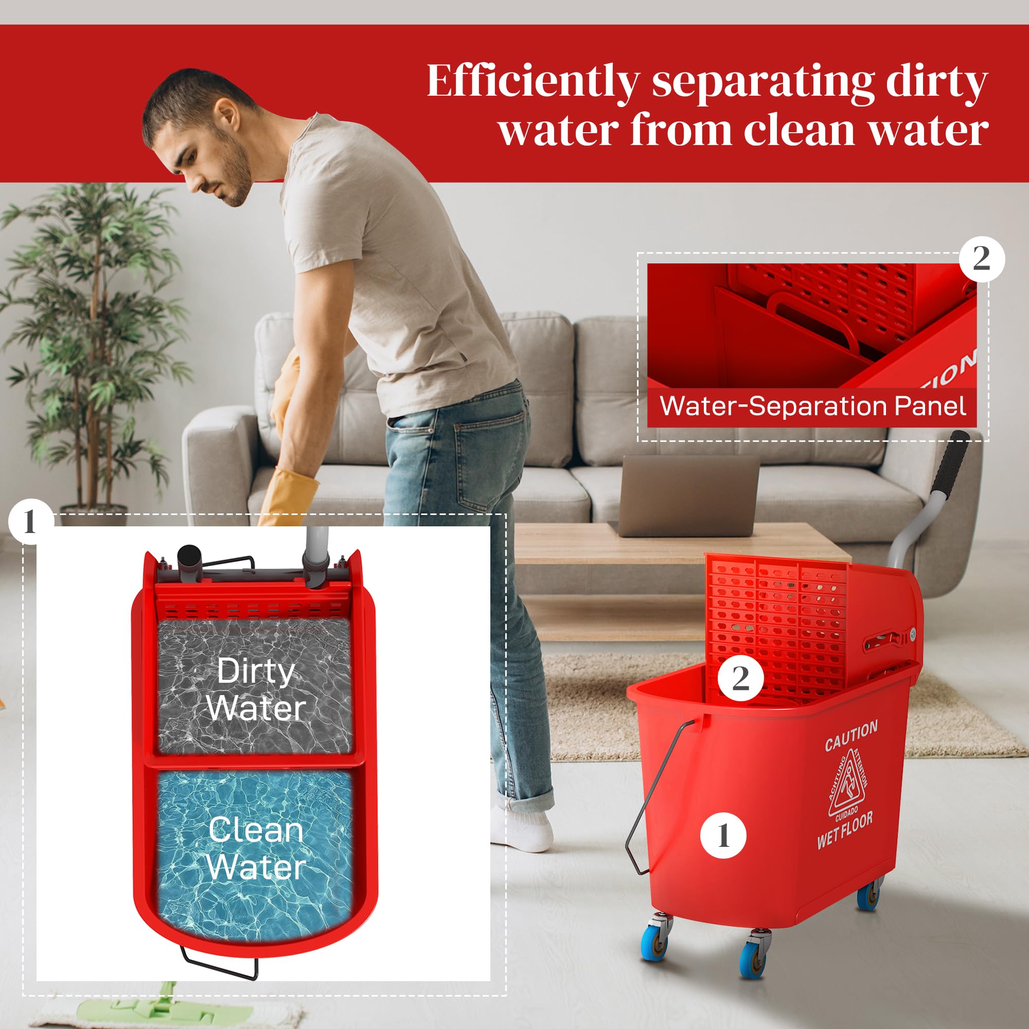 Compact Mop Bucket with Wringer on Wheels for Floor Cleaning