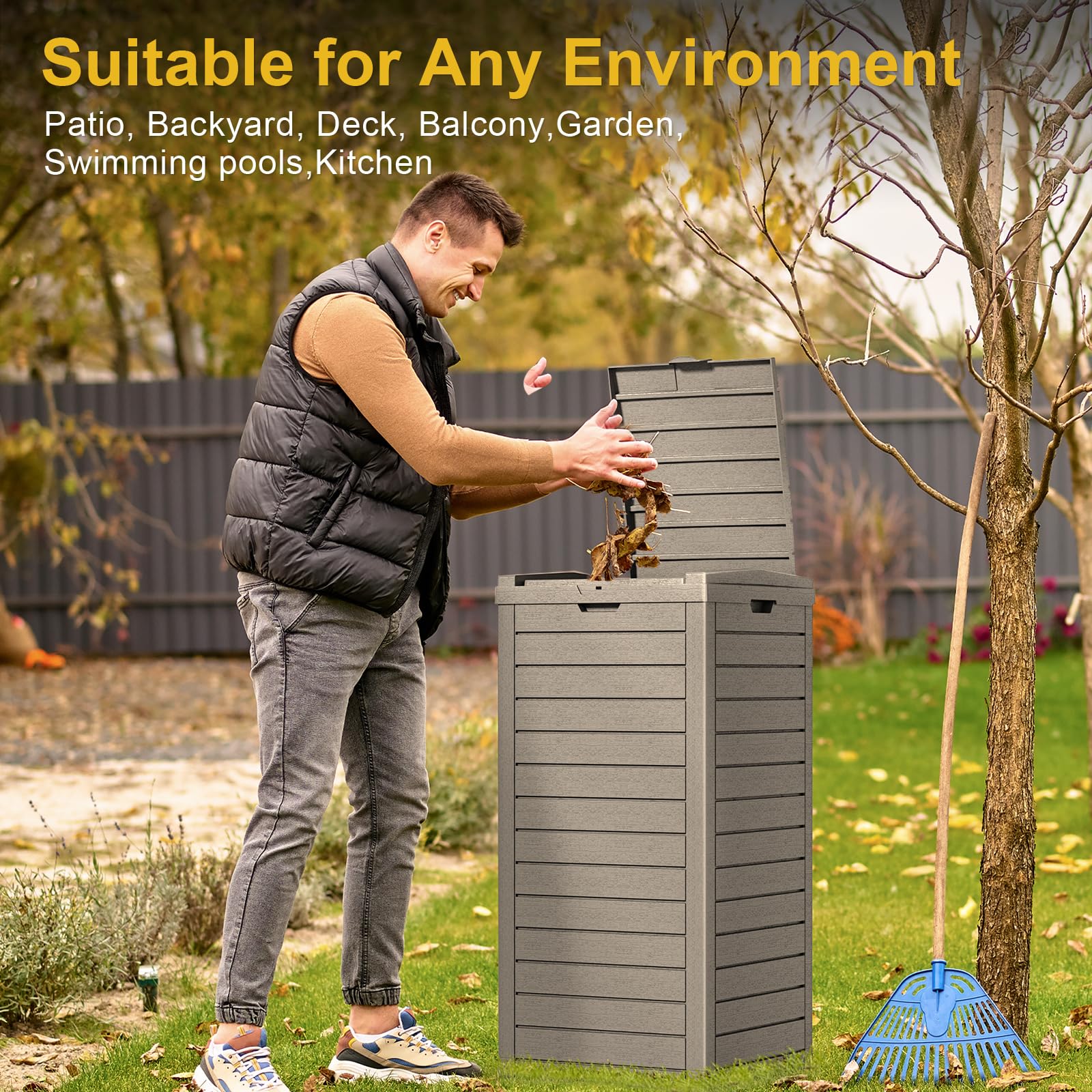 31 Gallon Outdoor Trash Can with Tiered Lid and Drip Tray