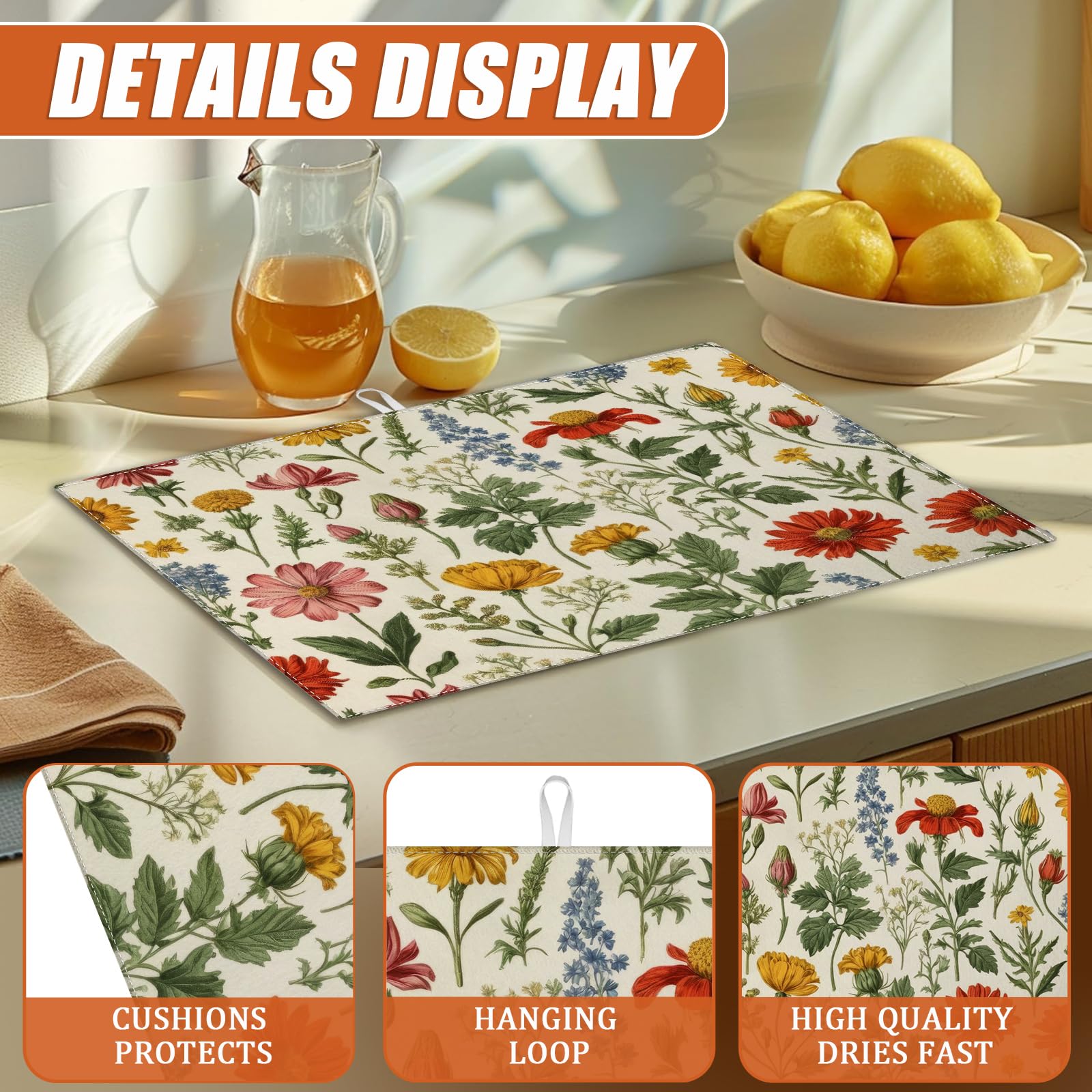Spring Wild Flower Dish Drying Mat for Kitchen Counter Microfiber Absorbent Dish Kitchen Drying Mat Draining Reusable Washable for Dishes