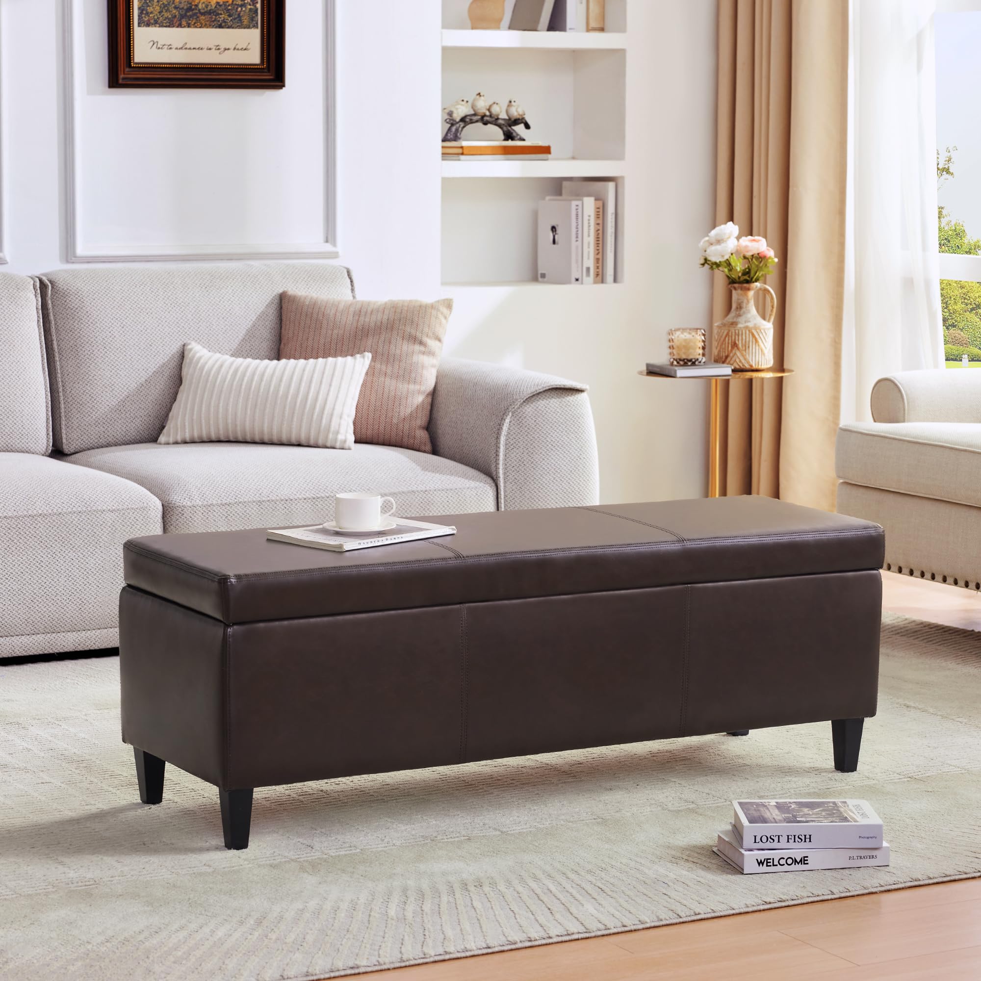 Faux Leather Storage Ottoman Bench 50.3 Inch Extra Long PU Upholstered Bedroom Bench with Large Storage Space for The Living Room