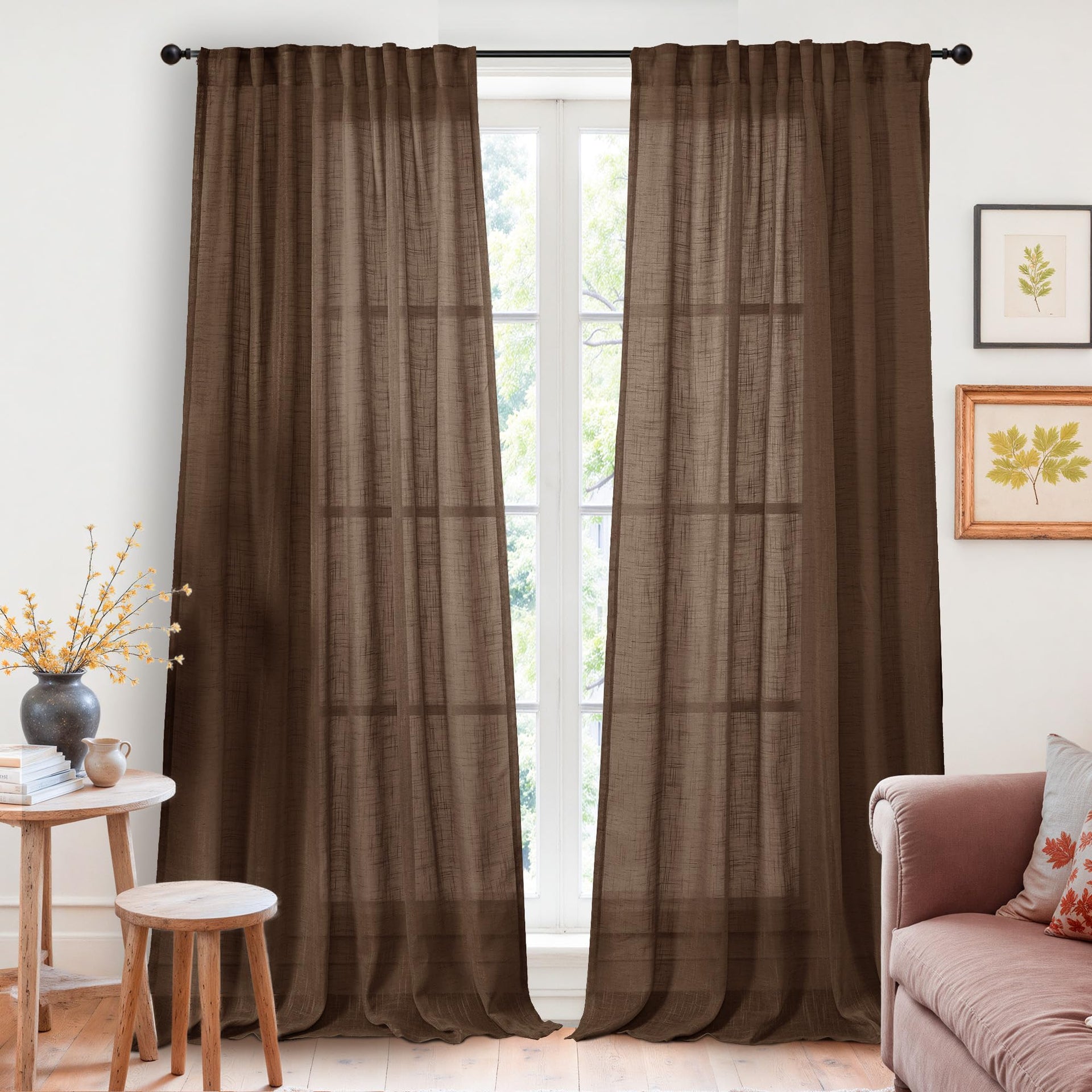 Extra Long Brown Linen Semi Sheer 95 Inch Length for Living Room (2 Count)