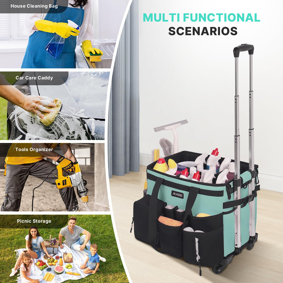 Large Rolling Cleaning Caddy Bag with Detachable Trolley
