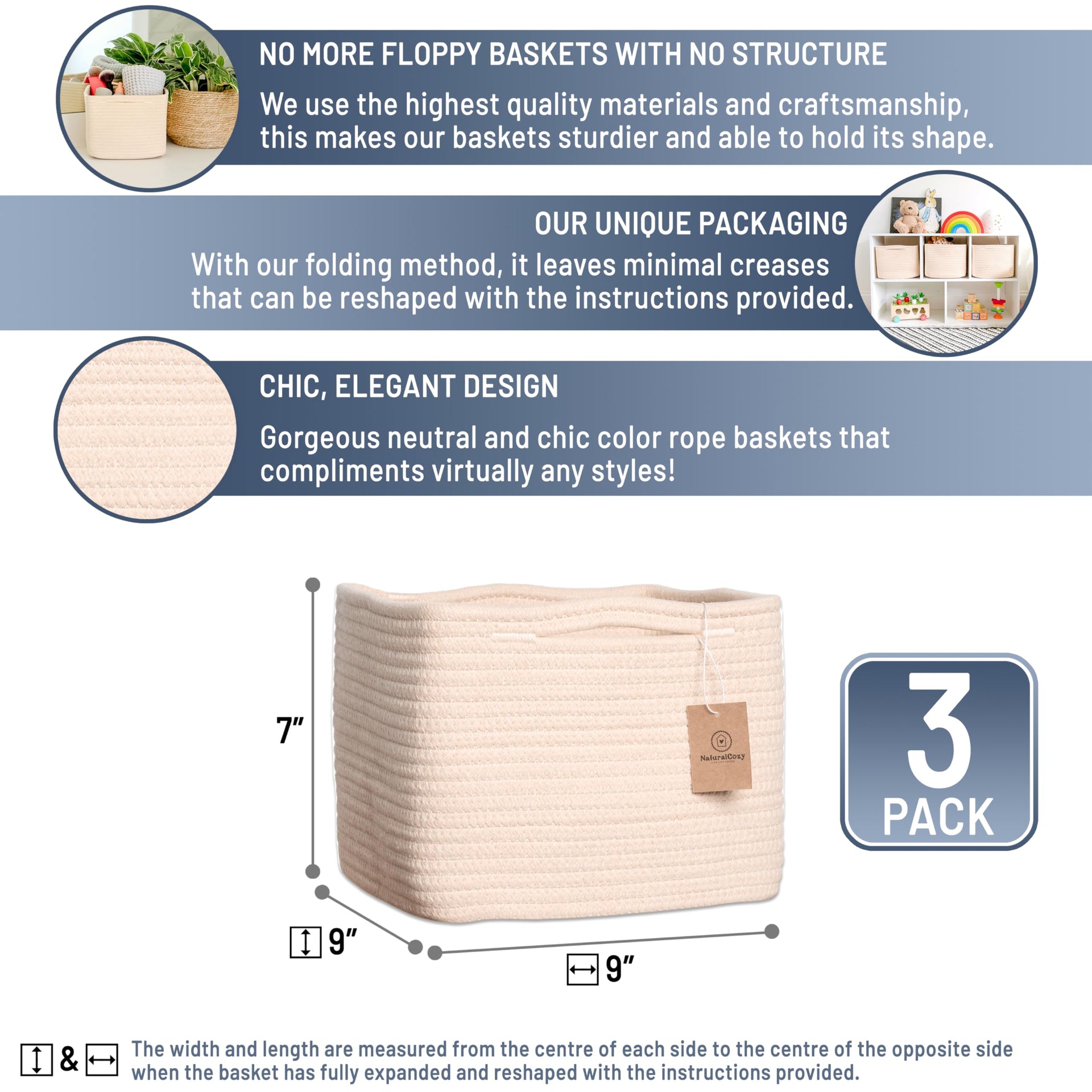 Storage Cubes 9”x9”x7”Cotton Rope Woven Baskets for Organizing 3 (3 Count)