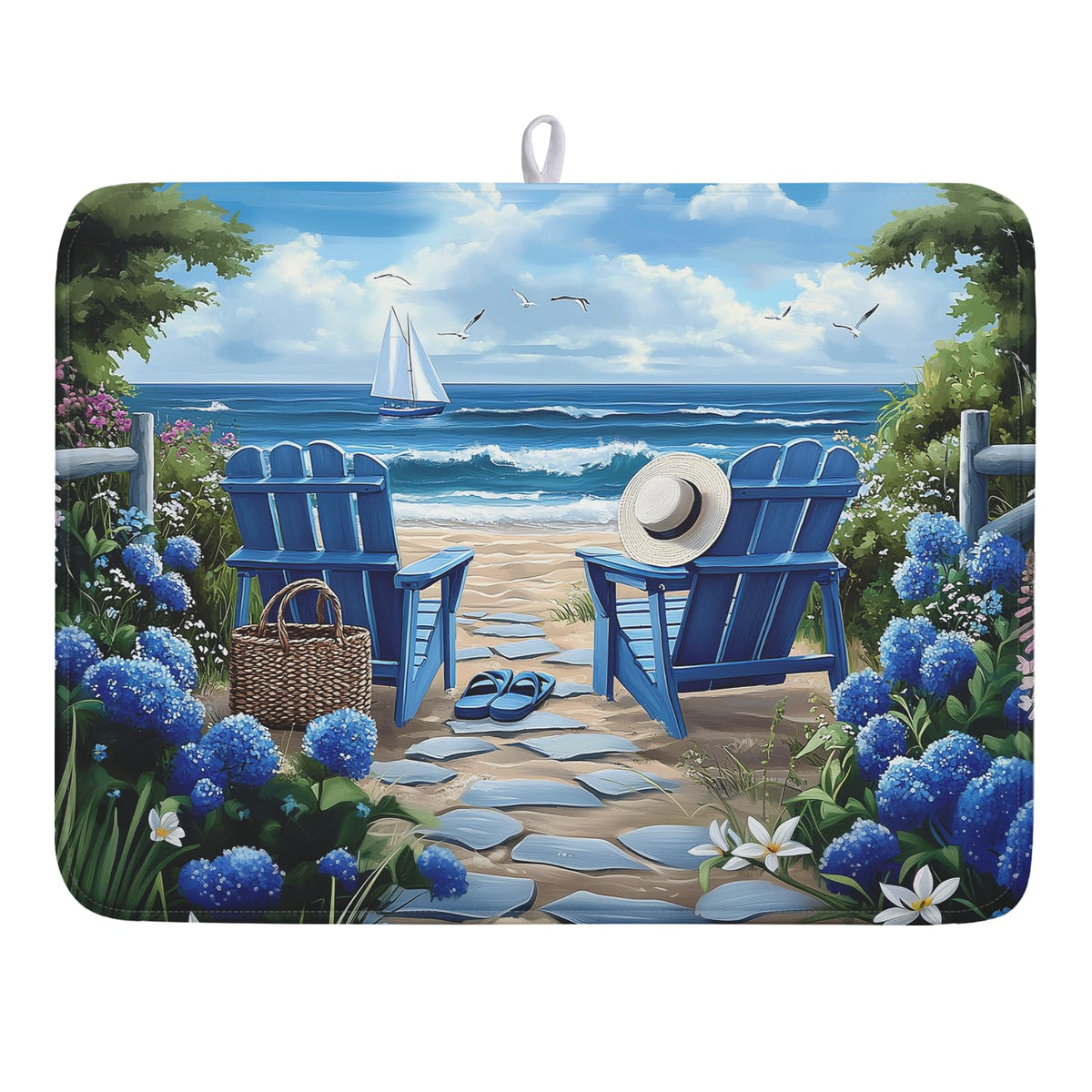Summer Beach Dish Drying Mat 18x24 Inch Sea Shells Flowers Kitchen Mats Blue Microfiber Absorbent Dish Drainer Rack Mats Non