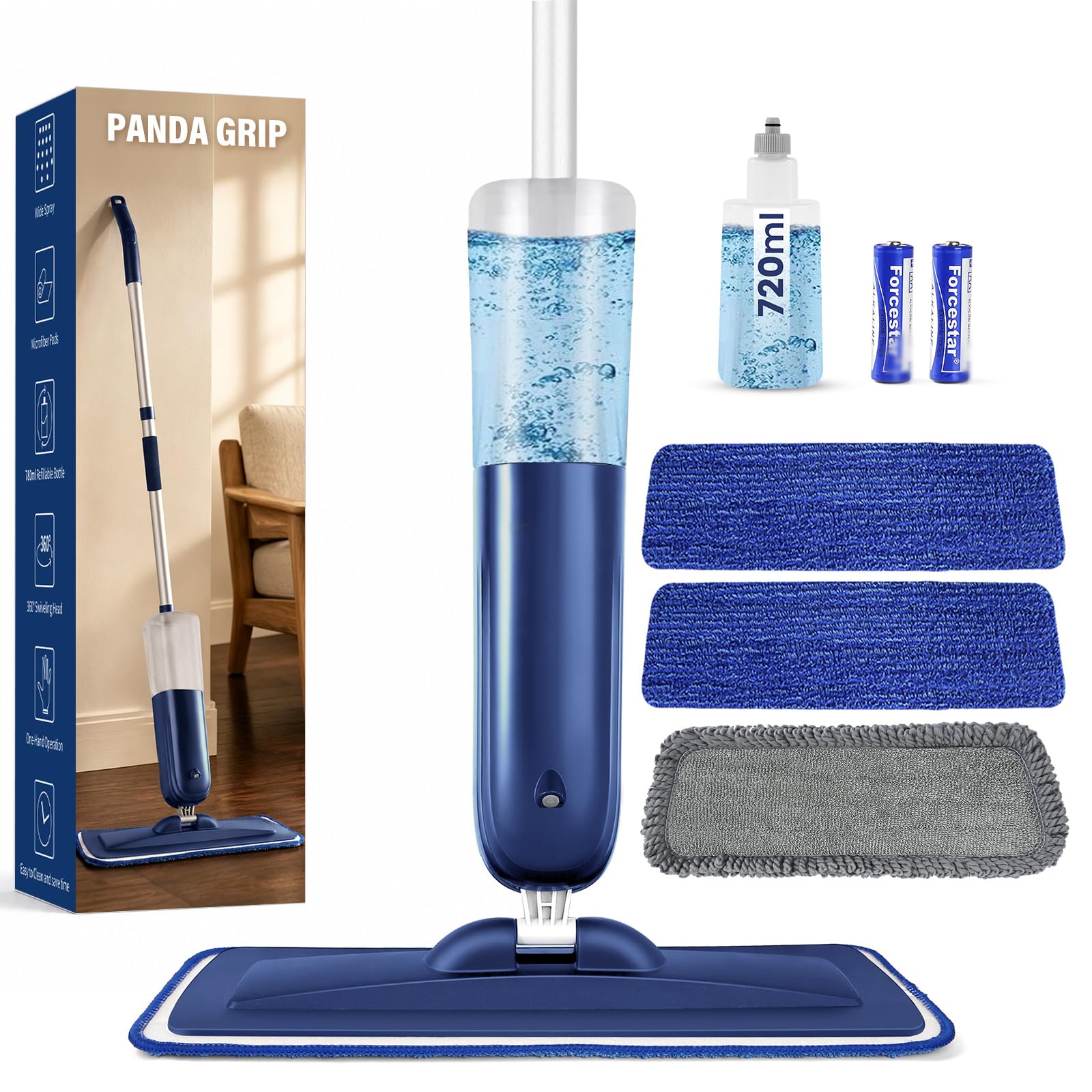 PowerMop Floor Mop with 720 ml Refillable Bottle & 3 Microfiber Pads