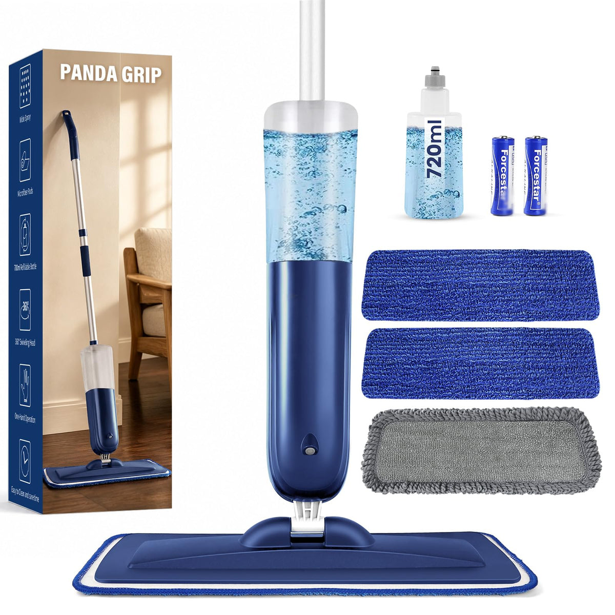 PowerMop Floor Mop with 720 ml Refillable Bottle & 3 Microfiber Pads