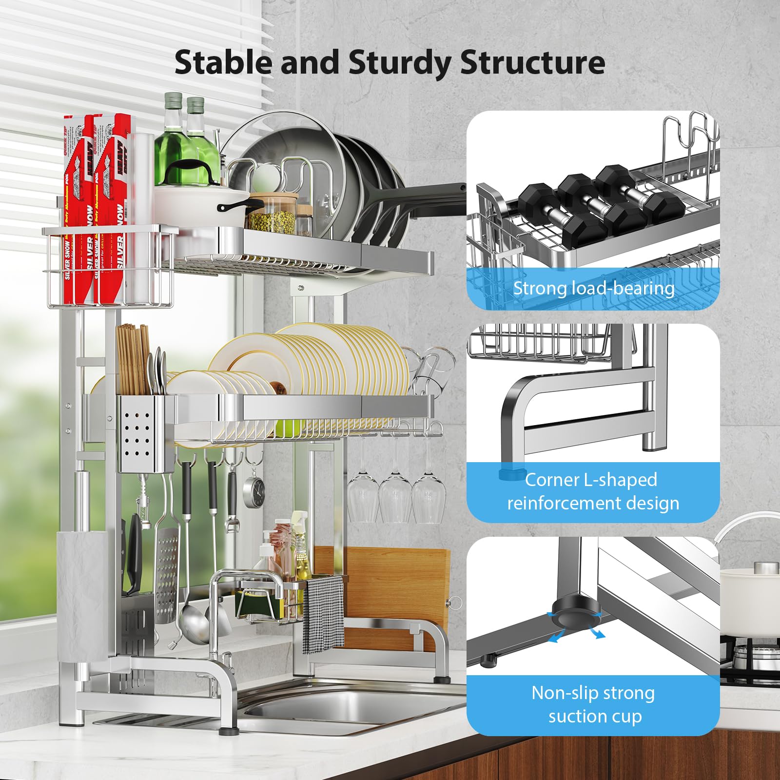 Over The Sink Dish Drainer Drying Rack 3 Tier Adjustable Width