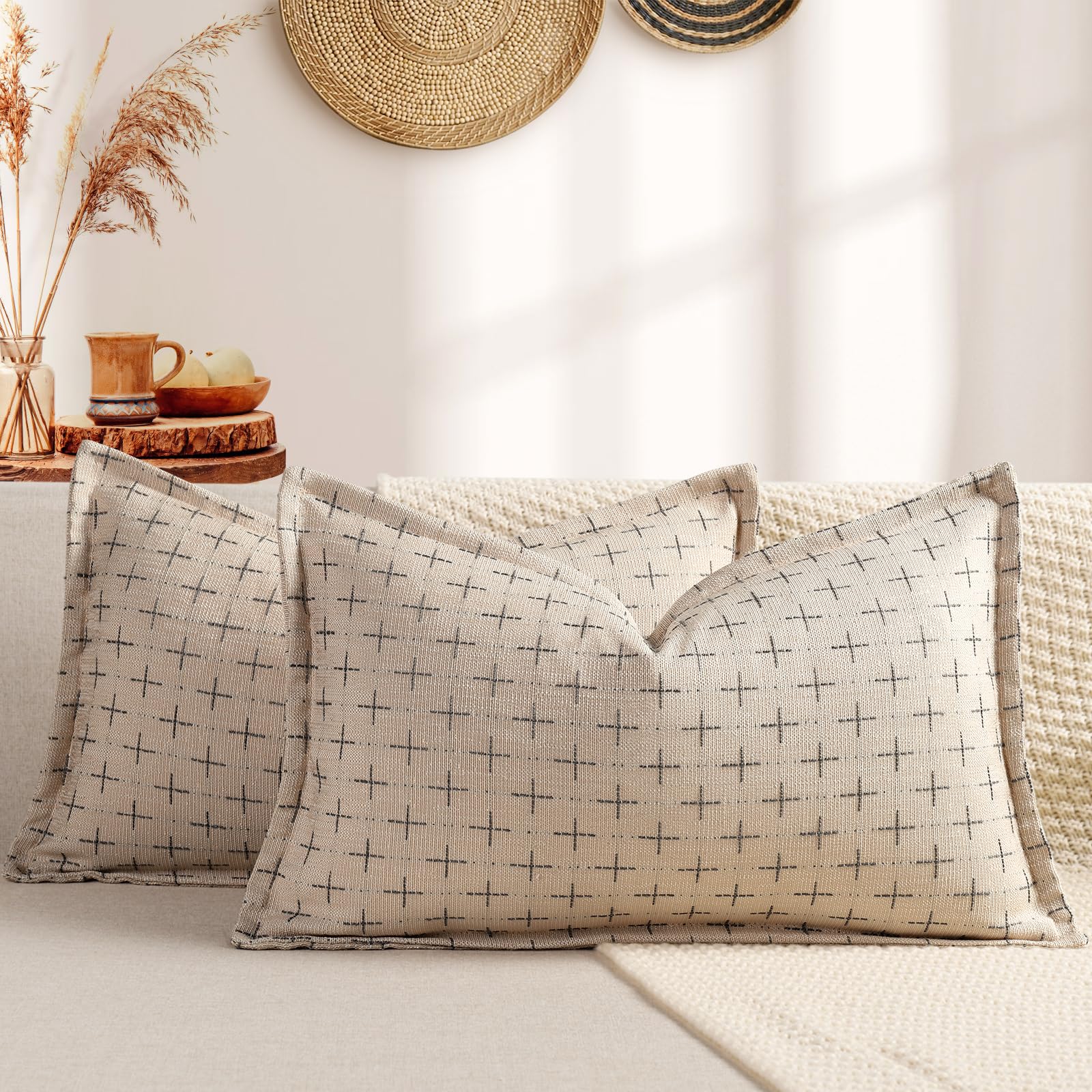 12x20 Pillow Covers Set of 2 Soft Polyester Textured Pillow Covers with Stylish Flange Edge Cozy Farmhouse Throw Pillows for Couch Bed Sofa Living Room (2 Count)