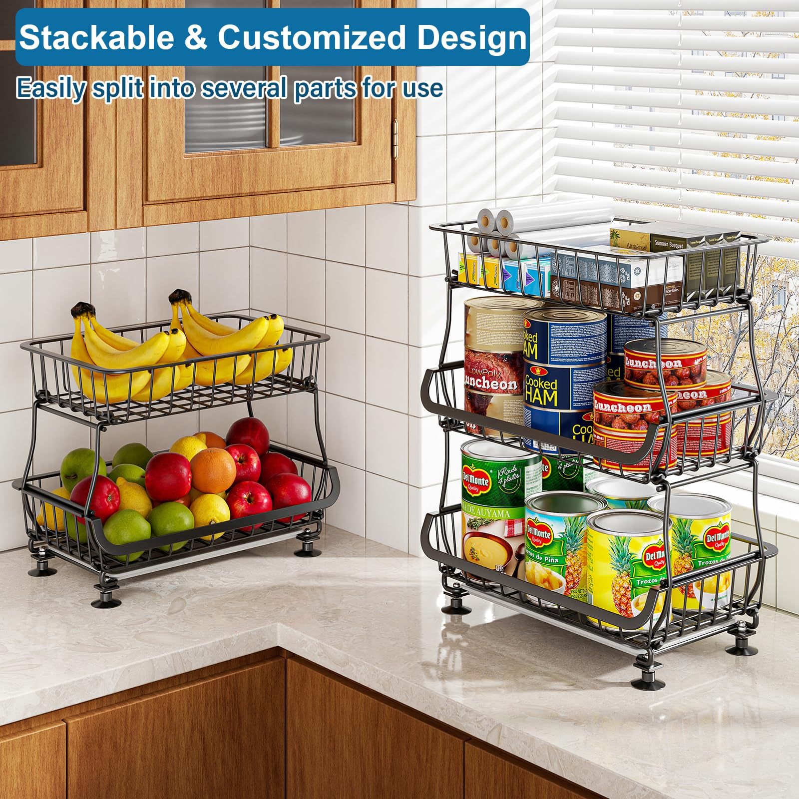 3 Tier Rolling Pantry Floor Organizers and Storage Cart with Wheels (3 Count)