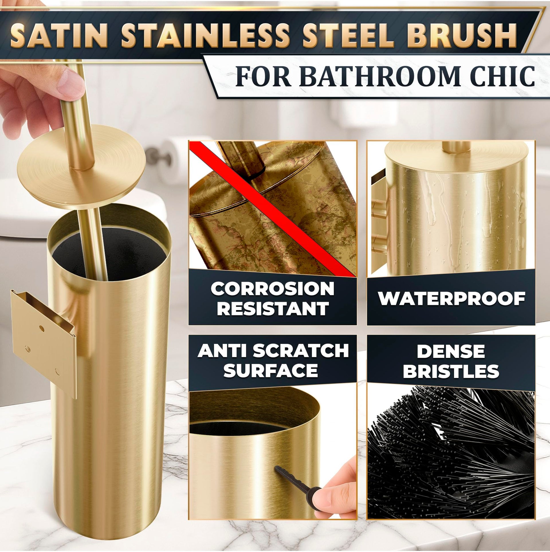 2 Pcs Wall Mounted Stainless Steel Toilet Brush and Holder Set