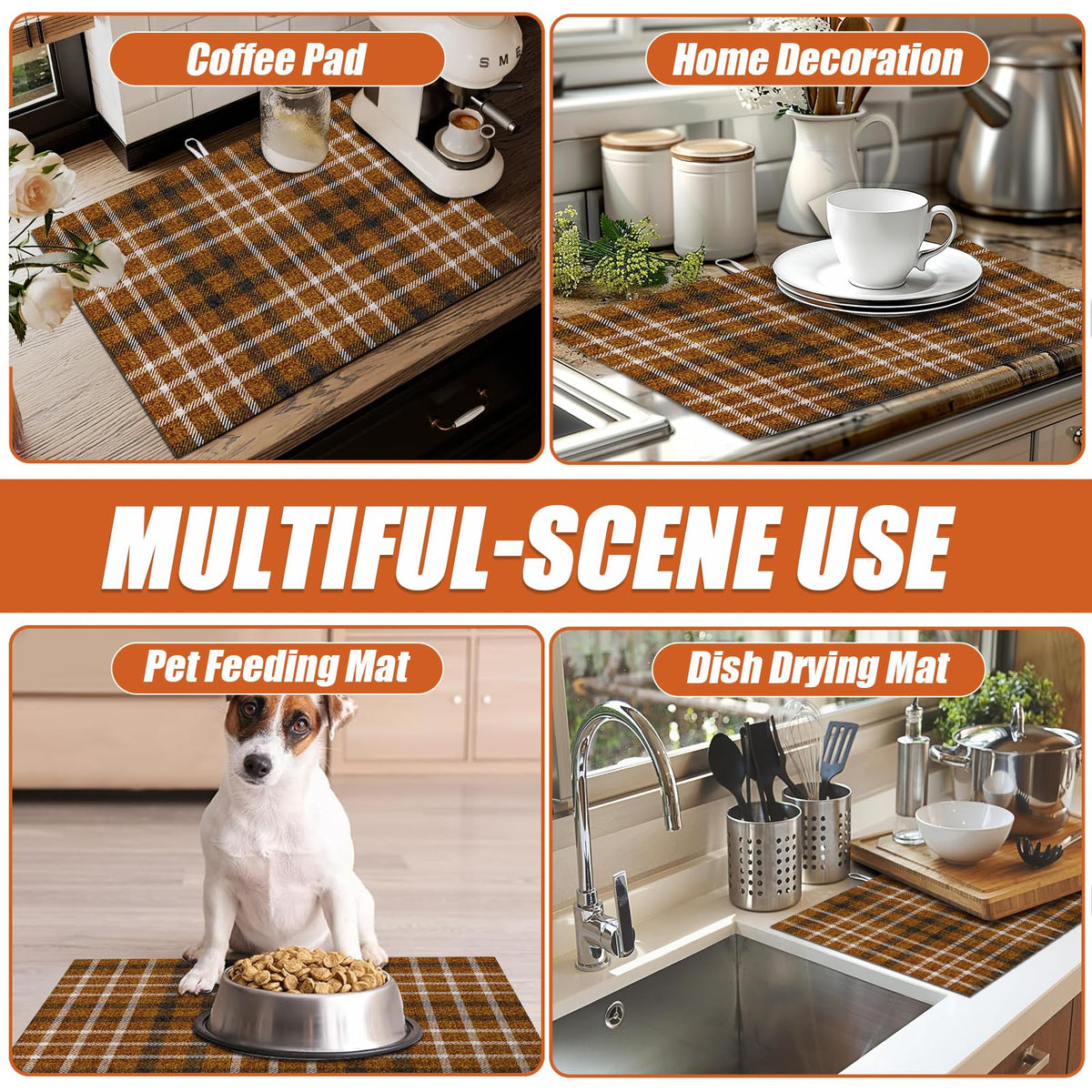 Brown Plaid Dish Drying Mat for Kitchen Counter Microfiber Absorbent Dish Kitchen Drying Mat Draining Reusable Washable for Dishes