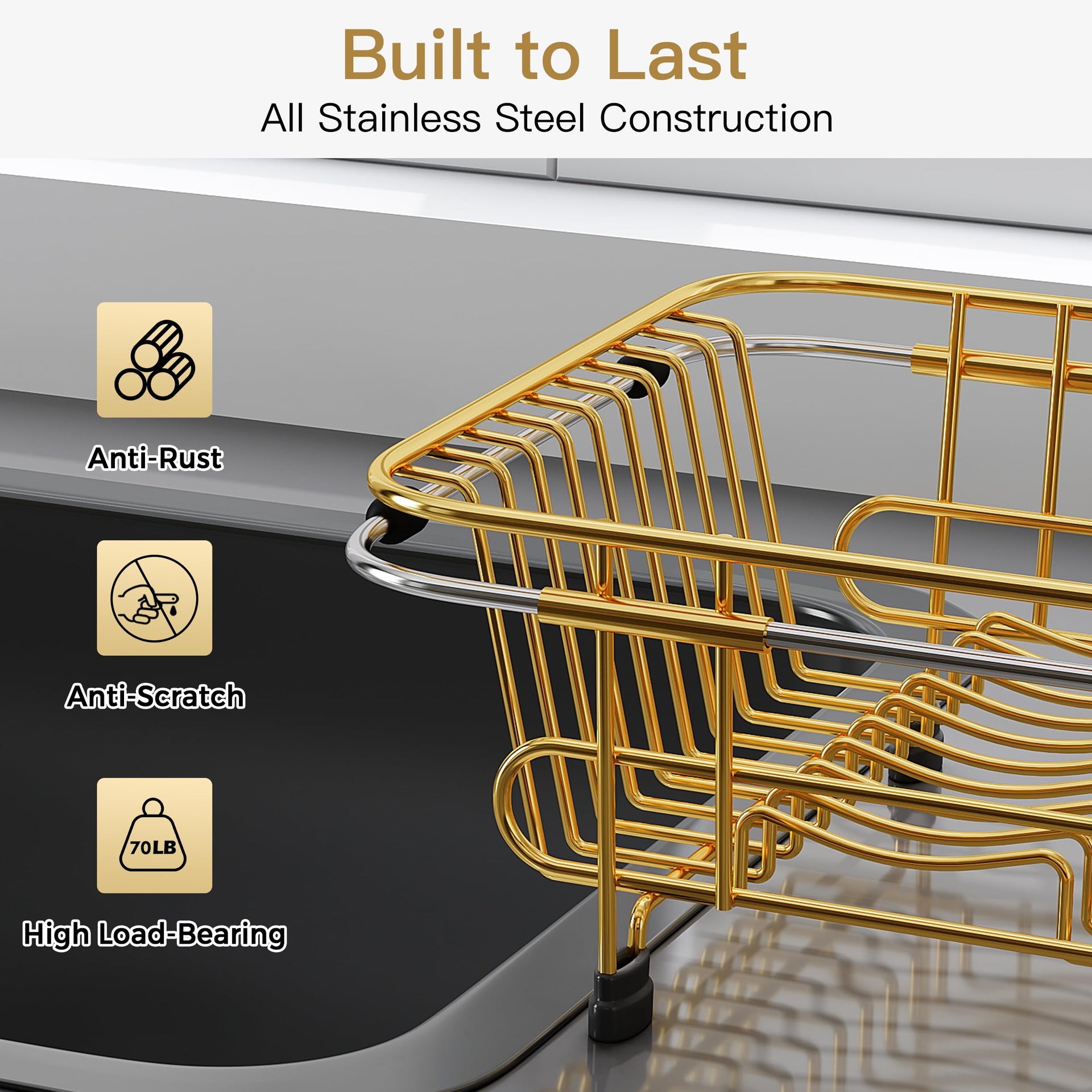Gold Dish Drying Rack in Sink with Utensil Holder