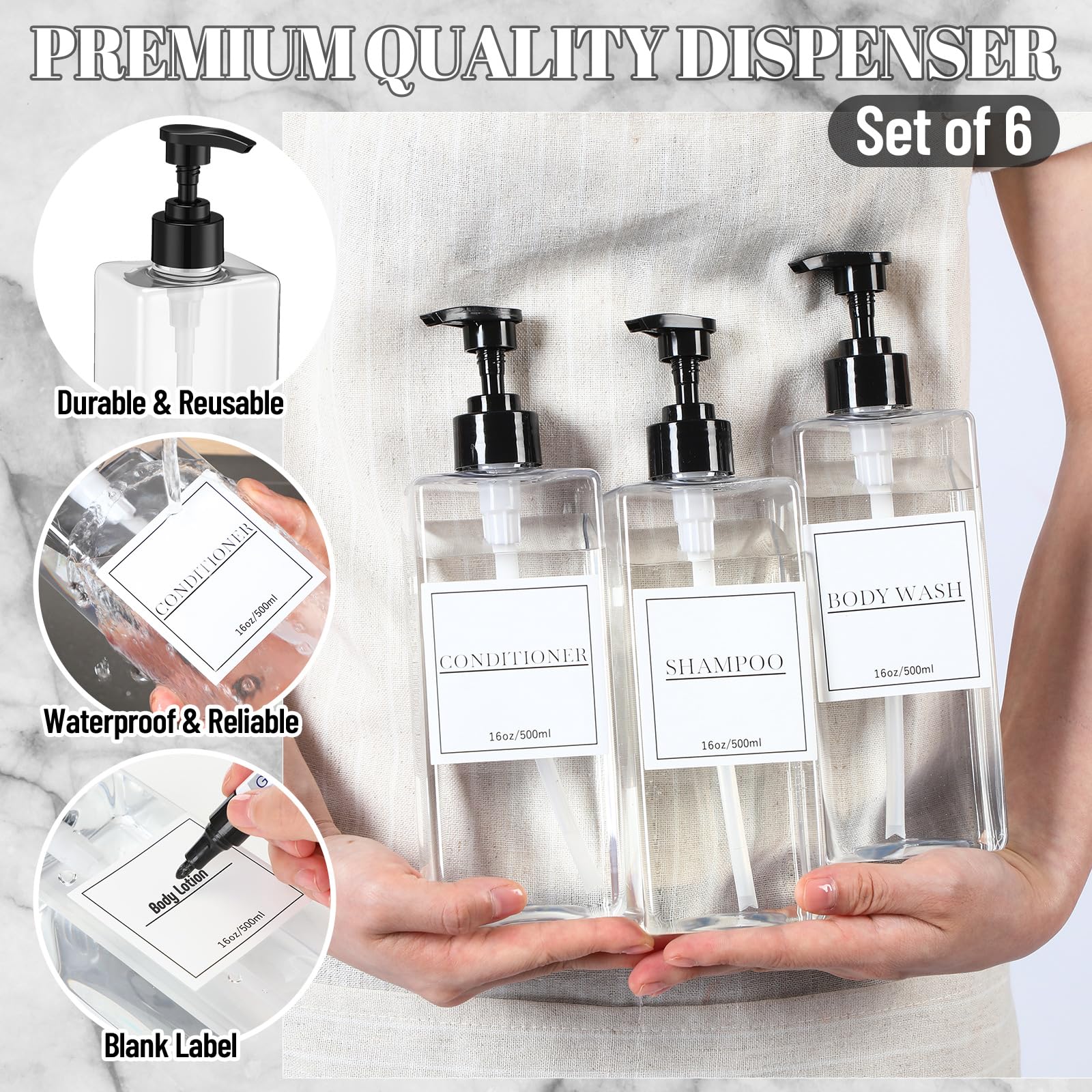6 Pcs Shampoo and Conditioner Dispenser Bottles 16oz Modern Shower Soap Bottles with Pump (6 Count)