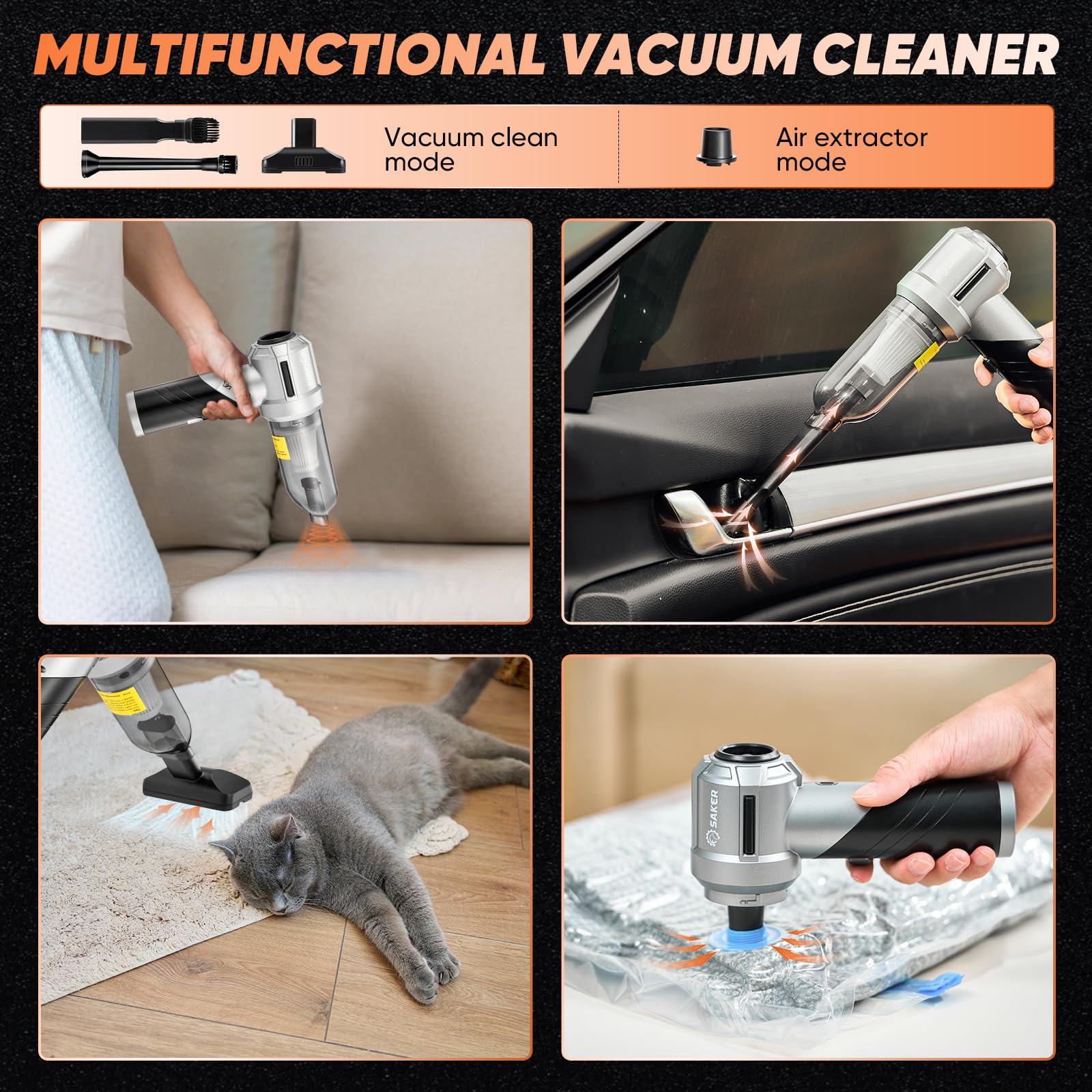 Handheld Car Vacuum Cordless Portable 17000PA Foldable HL133 Black