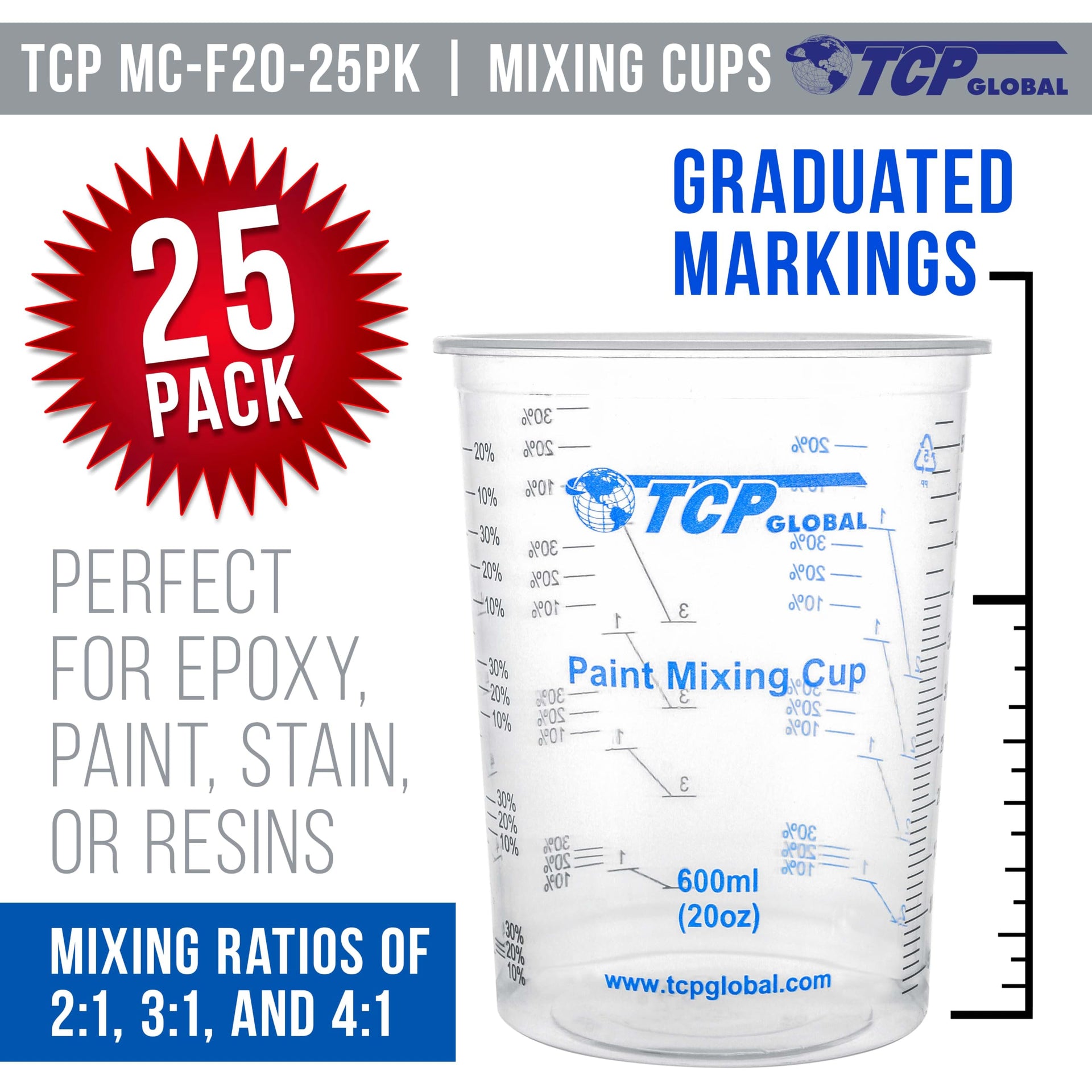 20 oz. (600ml) Graduated Plastic Mixing Cups - Box of 25 - Disposable Plastic Measuring Cups for Liquids, Paints, Resin, Epoxy, Art, Kitchen - Ratios 2-1, 3-1, 4-1 ML