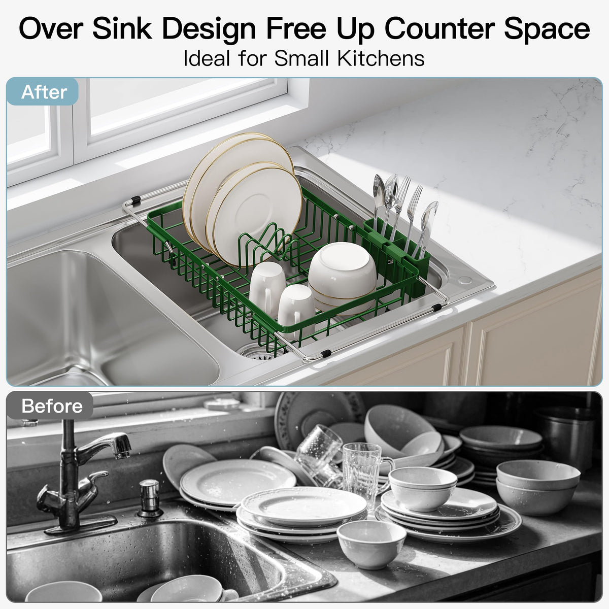 Green Dish Drying Rack Over the Sink with Utensil Holder