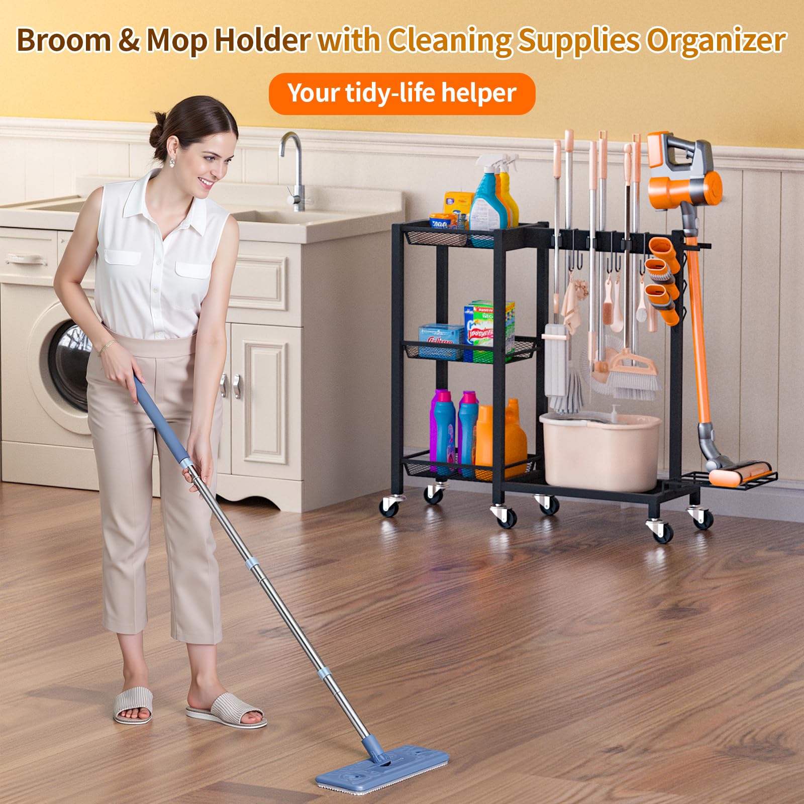 Broom Holder with Cleaning Supplies Organizer