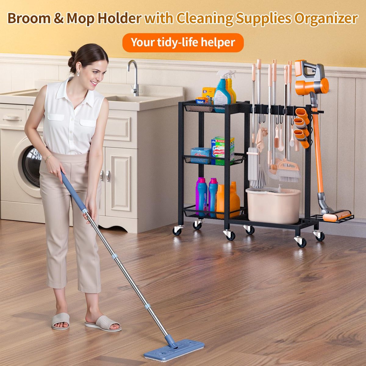 Broom Holder with Cleaning Supplies Organizer