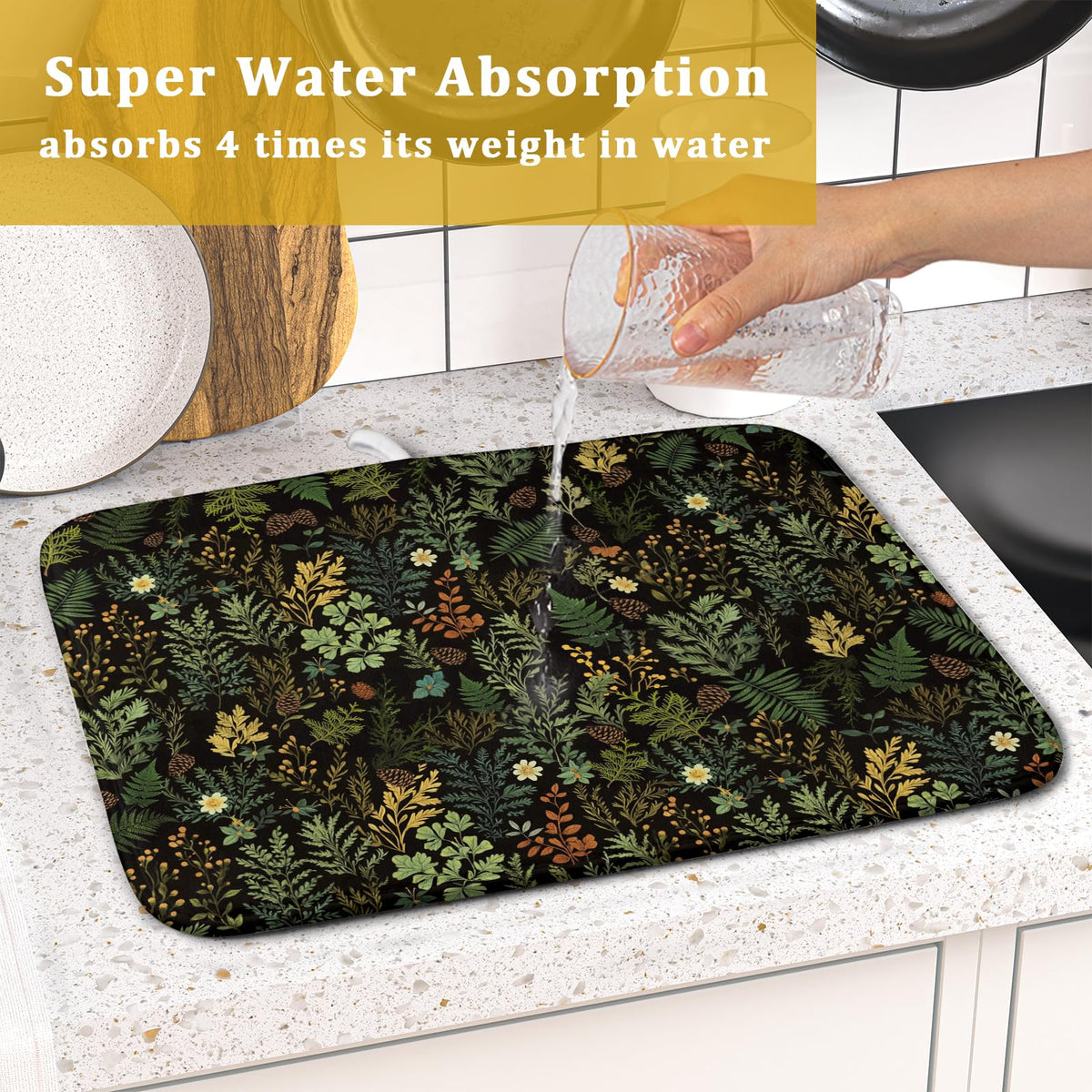 Black Green Botanical Dish Drying Mat for Kitchen Counter 16x18 Inch Super Absorbent Microfiber Kitchen Drying Mat Green Plant Fern Leaves Floral Dish Reusable Washable Dish Drying Pad for Coffee Bar