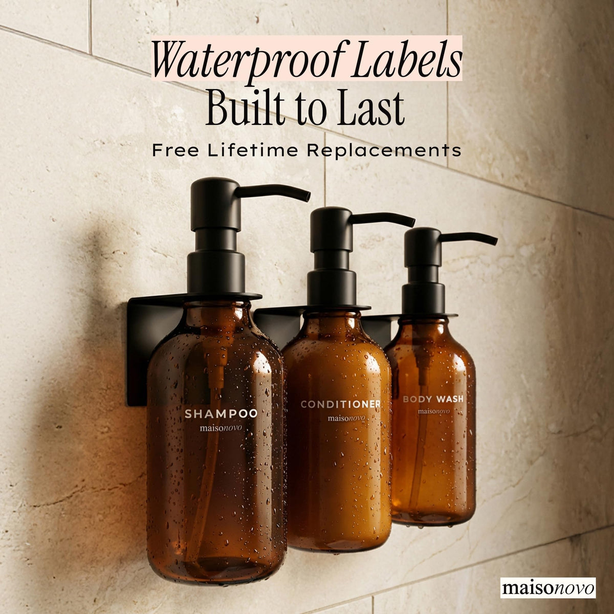 Shampoo and Conditioner Dispenser Wall Mounted Set of 3 Amber Black (3 Count)