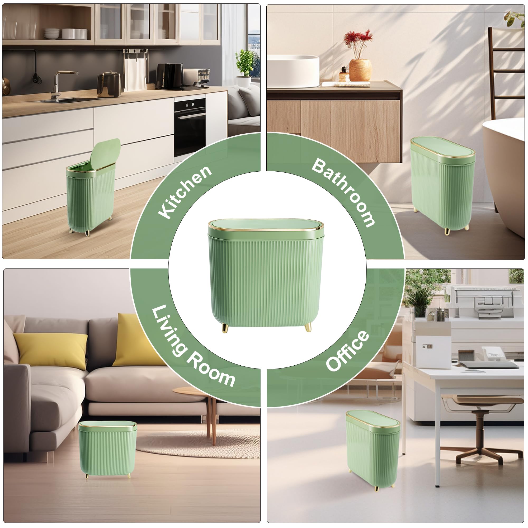 Bathroom Trash Can with Lid 3.2 Gallon Narrow Trash Can Small Plastic Trash Bin 12 Liter with Press Type Lid for Bedroom Bathroom