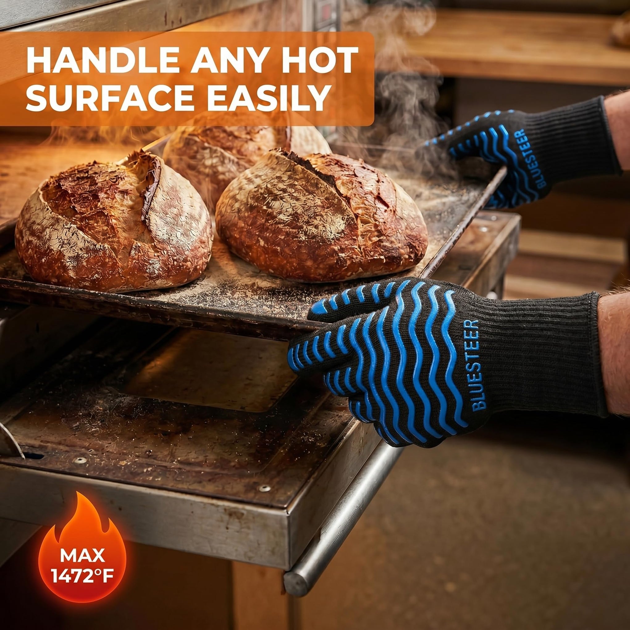 BBQ Gloves 1472°F Heat Resistant Oven Gloves with Fingers Heat Proof Grill Gloves Non (9.6 Ounce)