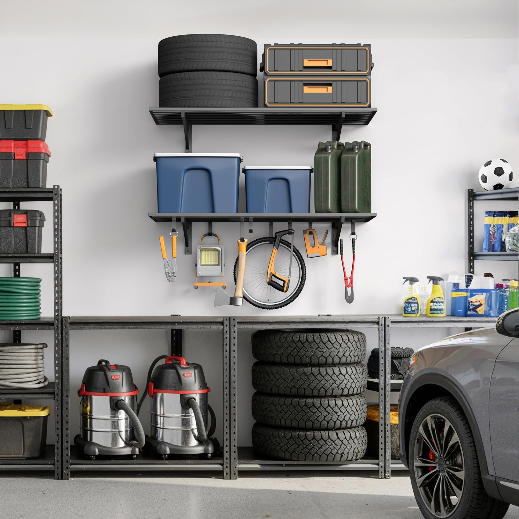 2 Pack Garage Shelving Wall Mounted with 8 Hooks (2 Count)