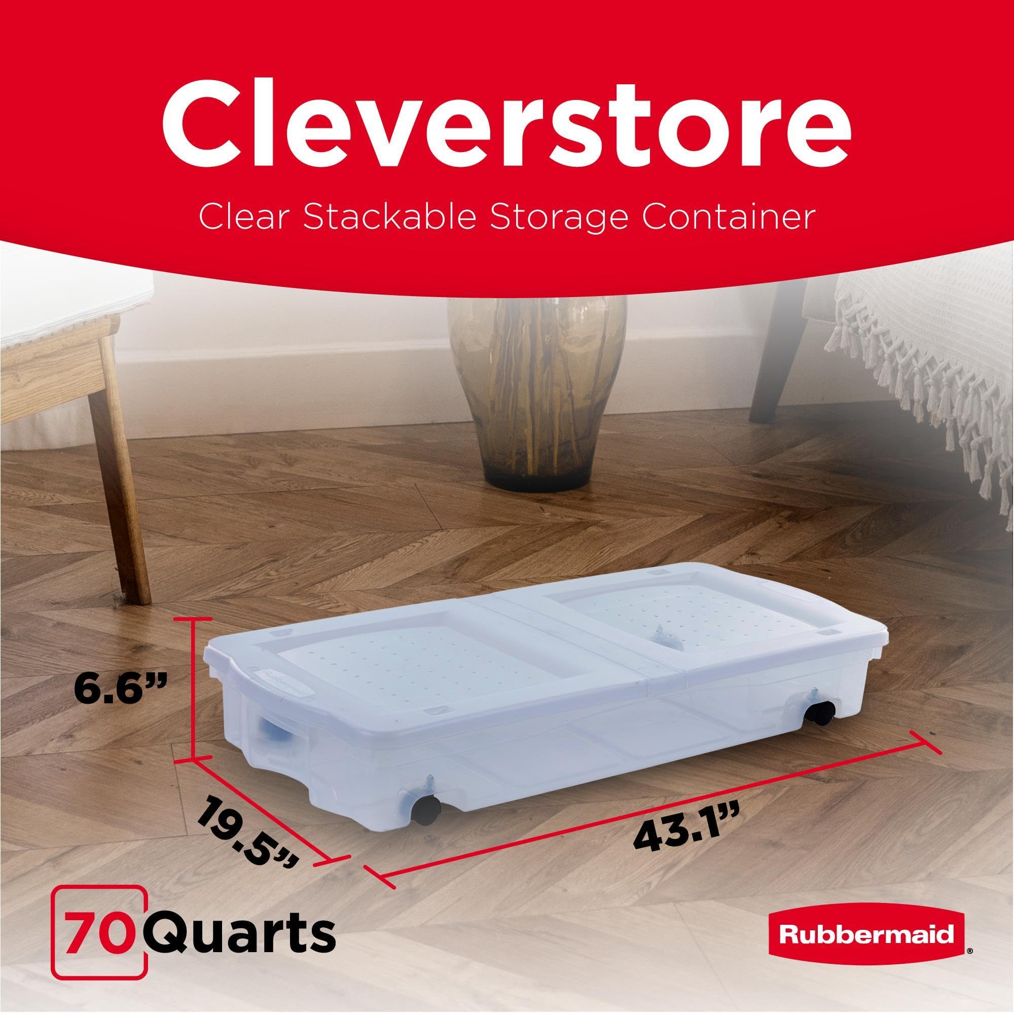68 Quart Under the Bed Low Profile Storage Boxes with Dual Hinged Lids and Easy Rolling Caster Wheels (2 Count)
