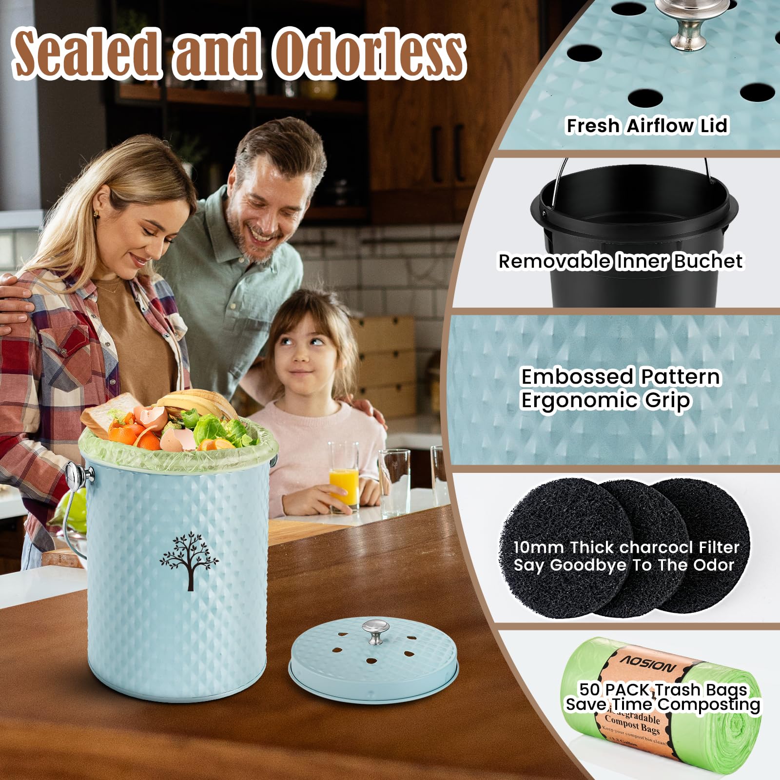 Countertop Kitchen Odorless Compost Bin with Removable Inner Bucket