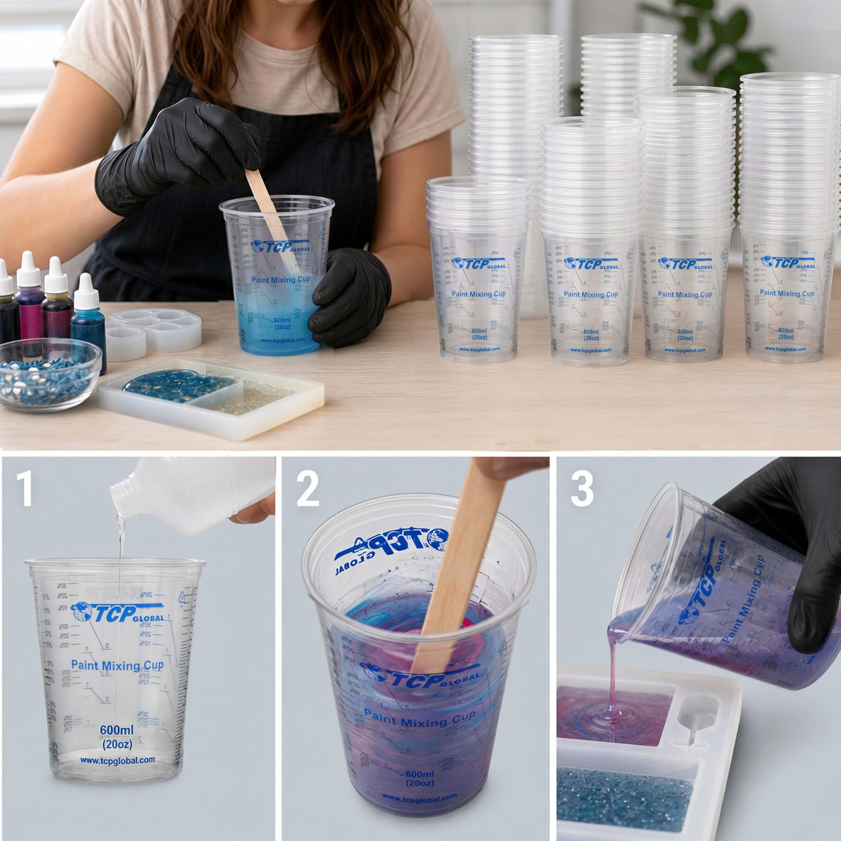 20 oz. (600ml) Graduated Plastic Mixing Cups - Box of 25 - Disposable Plastic Measuring Cups for Liquids, Paints, Resin, Epoxy, Art, Kitchen - Ratios 2-1, 3-1, 4-1 ML