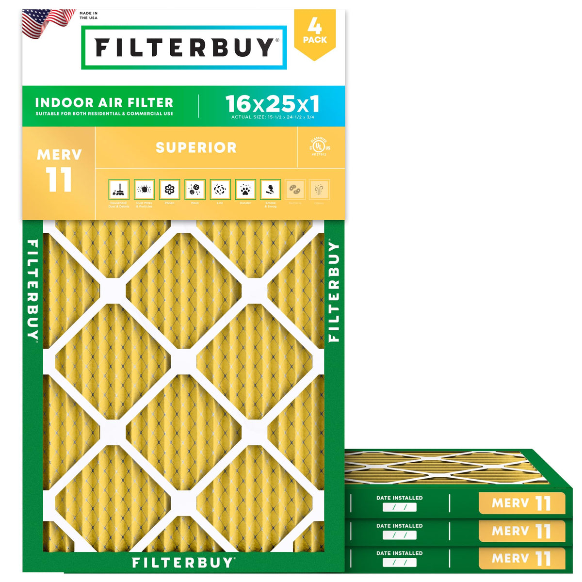 16x25x1 Air Filter MERV 11 Pet & Allergy Defense (4 Count)