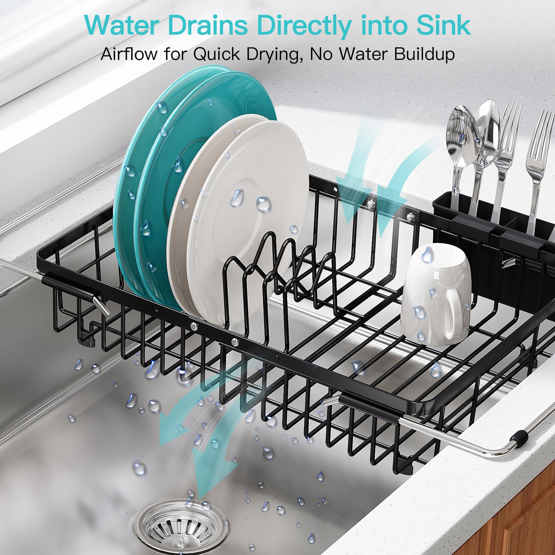 Black Dish Drying Rack Over the Sink with Utensil Holder